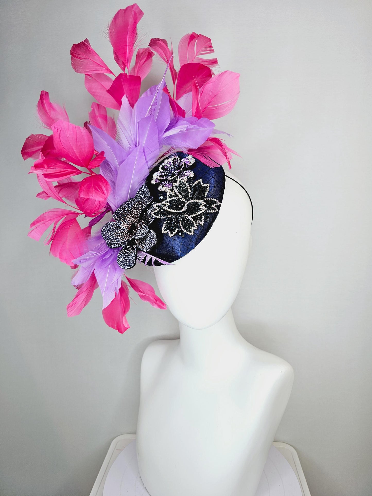kentucky derby hat fascinator navy blue satin with netting black purple cooper crystal flowers embroidered hot pink lavender purple feathers