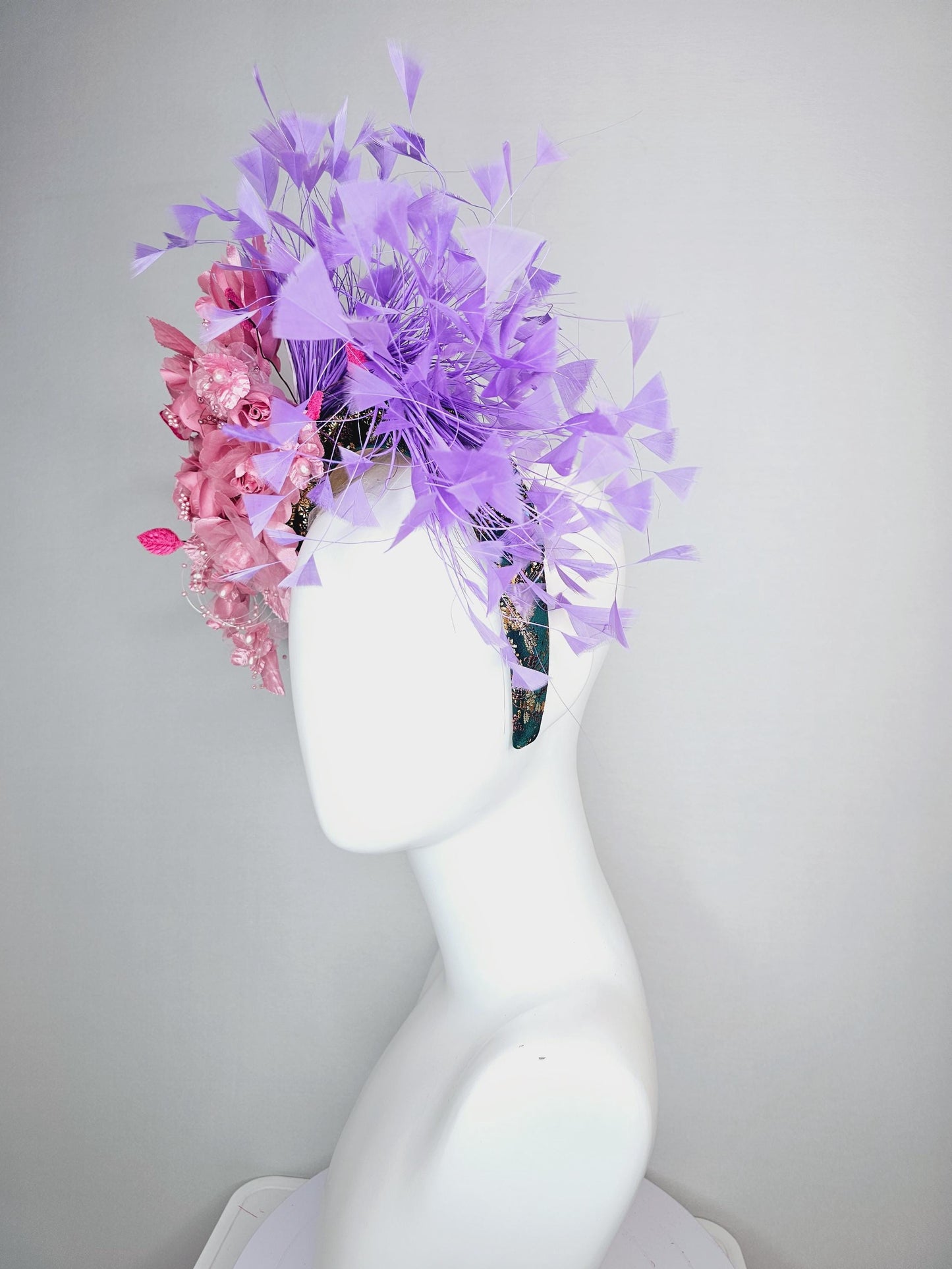 kentucky derby hat fascinator headband with light dusty pink satin organza roses light pink pearl stems lavender purple branching feathers