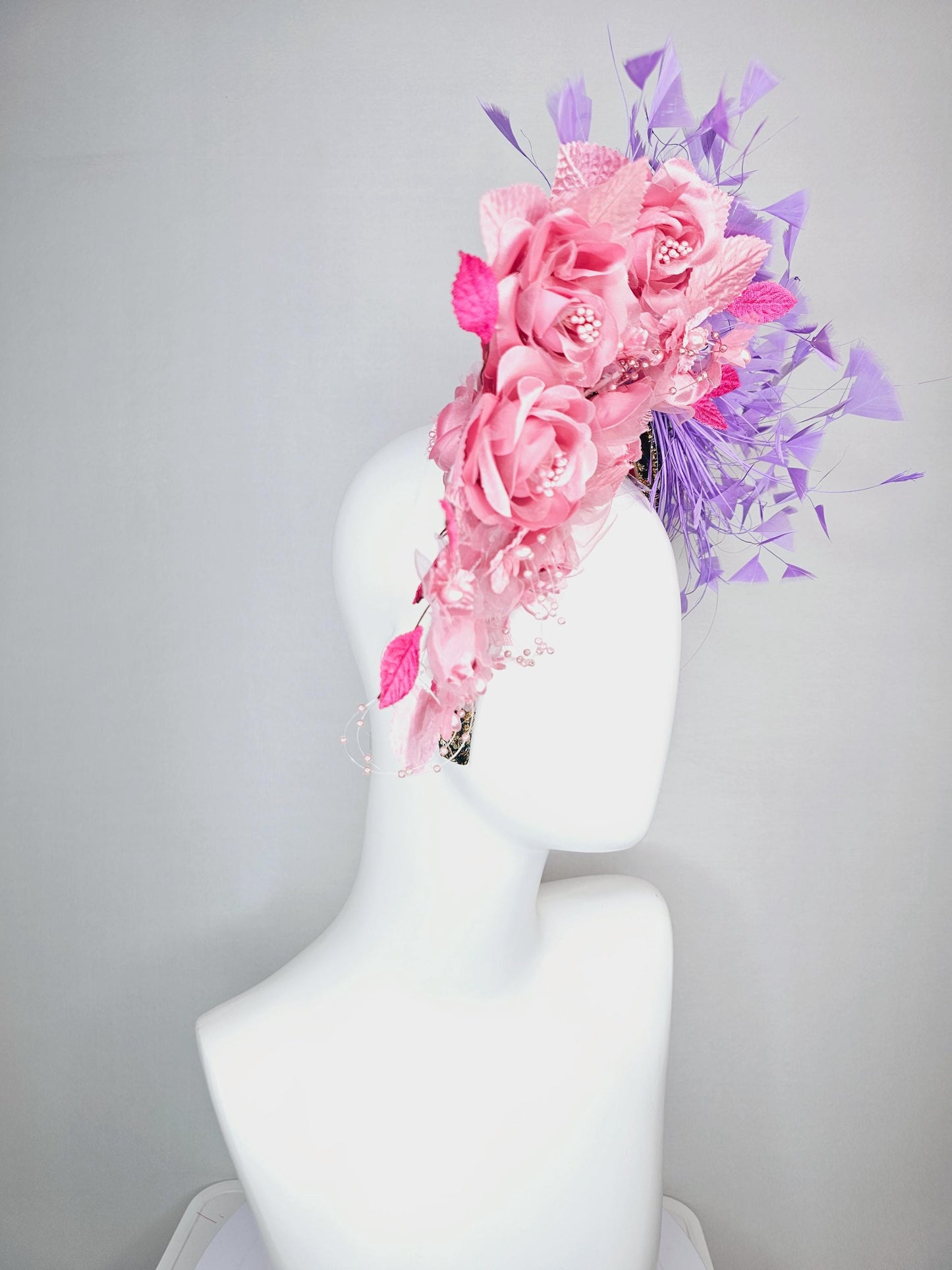 kentucky derby hat fascinator headband with light dusty pink satin organza roses light pink pearl stems lavender purple branching feathers