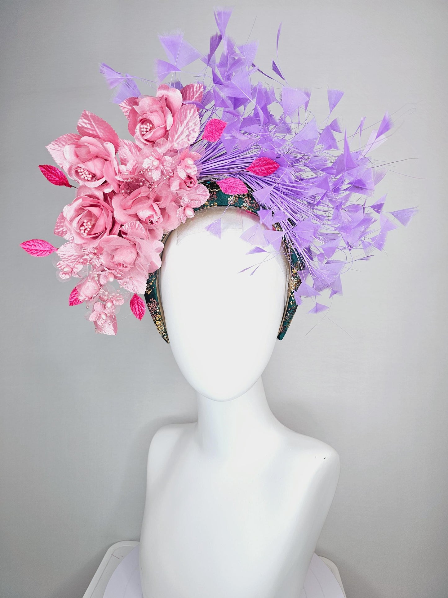 kentucky derby hat fascinator headband with light dusty pink satin organza roses light pink pearl stems lavender purple branching feathers
