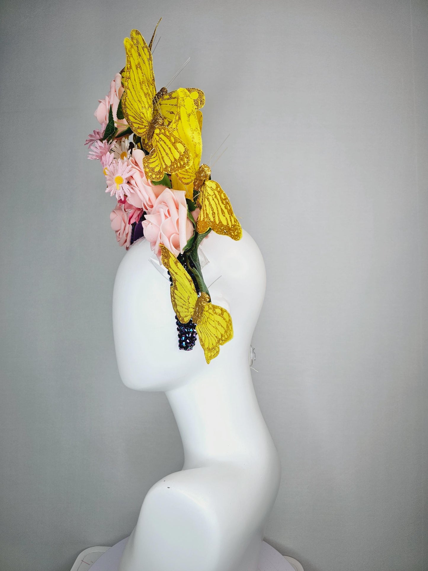 kentucky derby hat fascinator swarovski crystal iridescent dark blue headband light baby pink roses green leaves and yellow gold butterflies