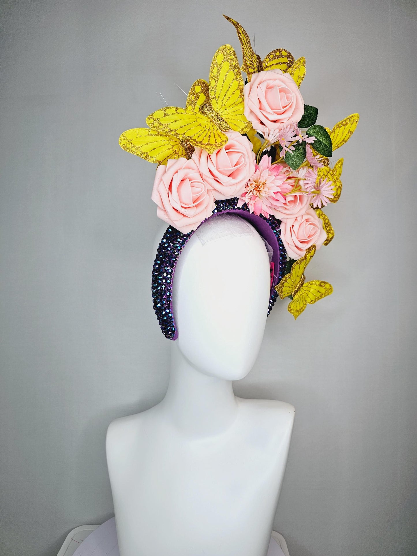 kentucky derby hat fascinator swarovski crystal iridescent dark blue headband light baby pink roses green leaves and yellow gold butterflies