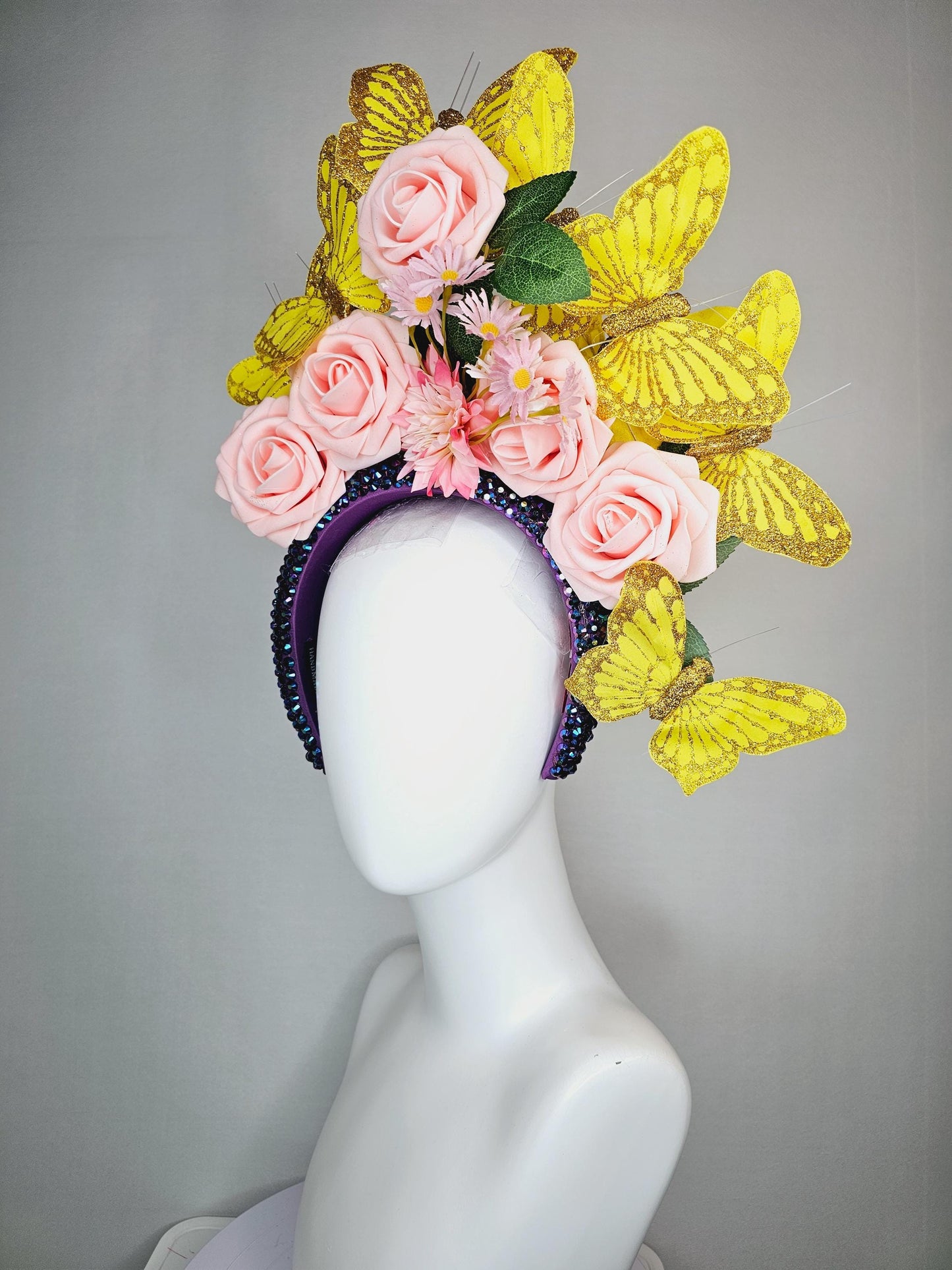 kentucky derby hat fascinator swarovski crystal iridescent dark blue headband light baby pink roses green leaves and yellow gold butterflies