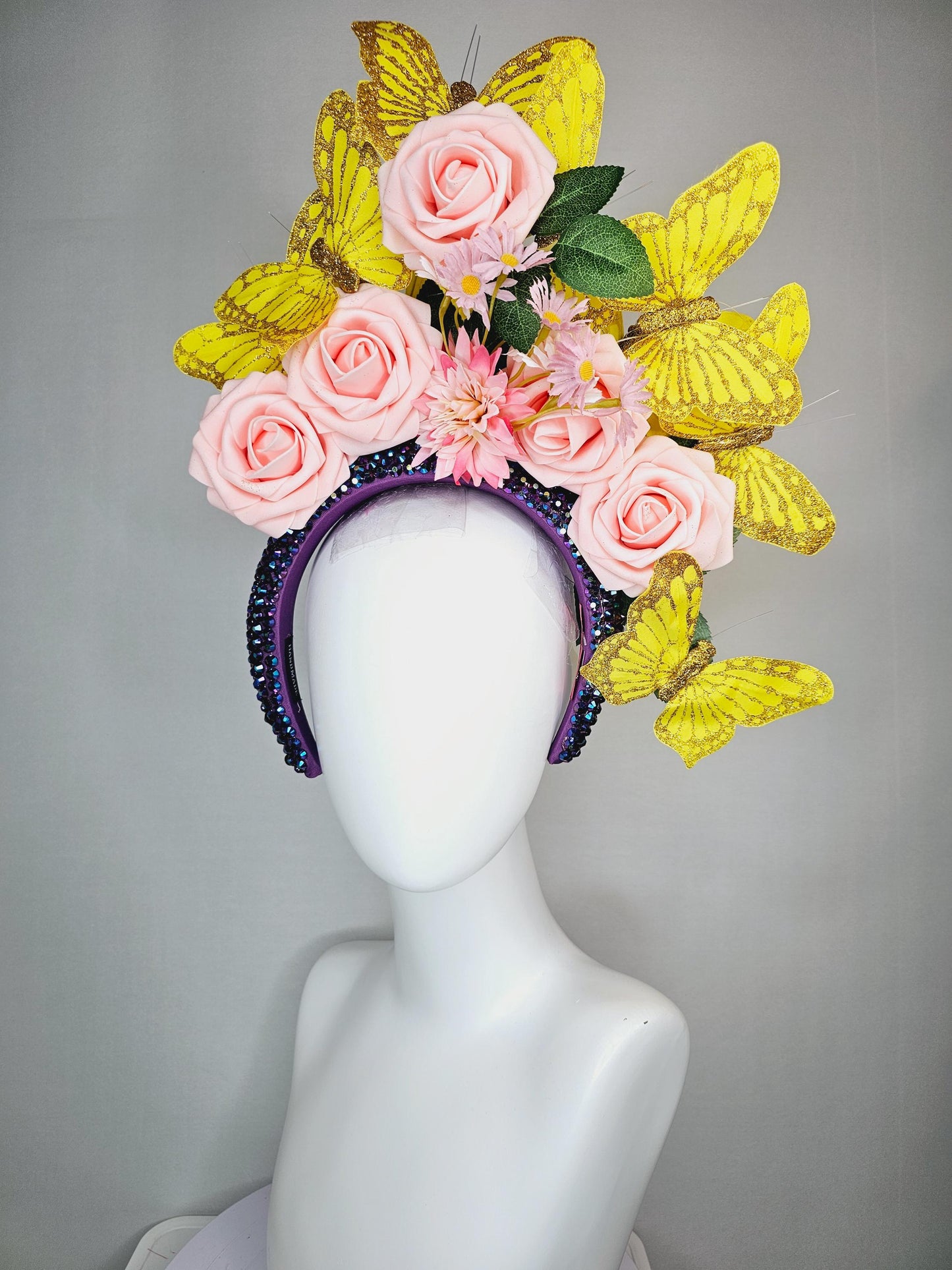kentucky derby hat fascinator swarovski crystal iridescent dark blue headband light baby pink roses green leaves and yellow gold butterflies