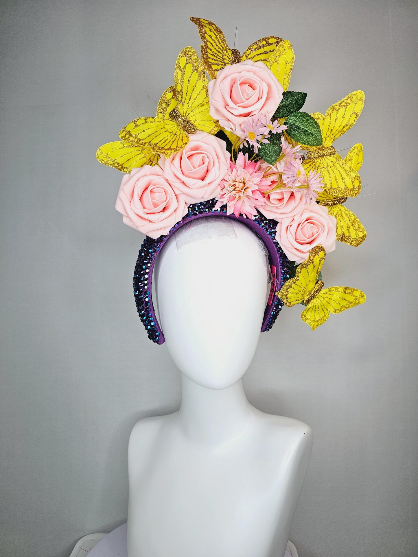kentucky derby hat fascinator swarovski crystal iridescent dark blue headband light baby pink roses green leaves and yellow gold butterflies