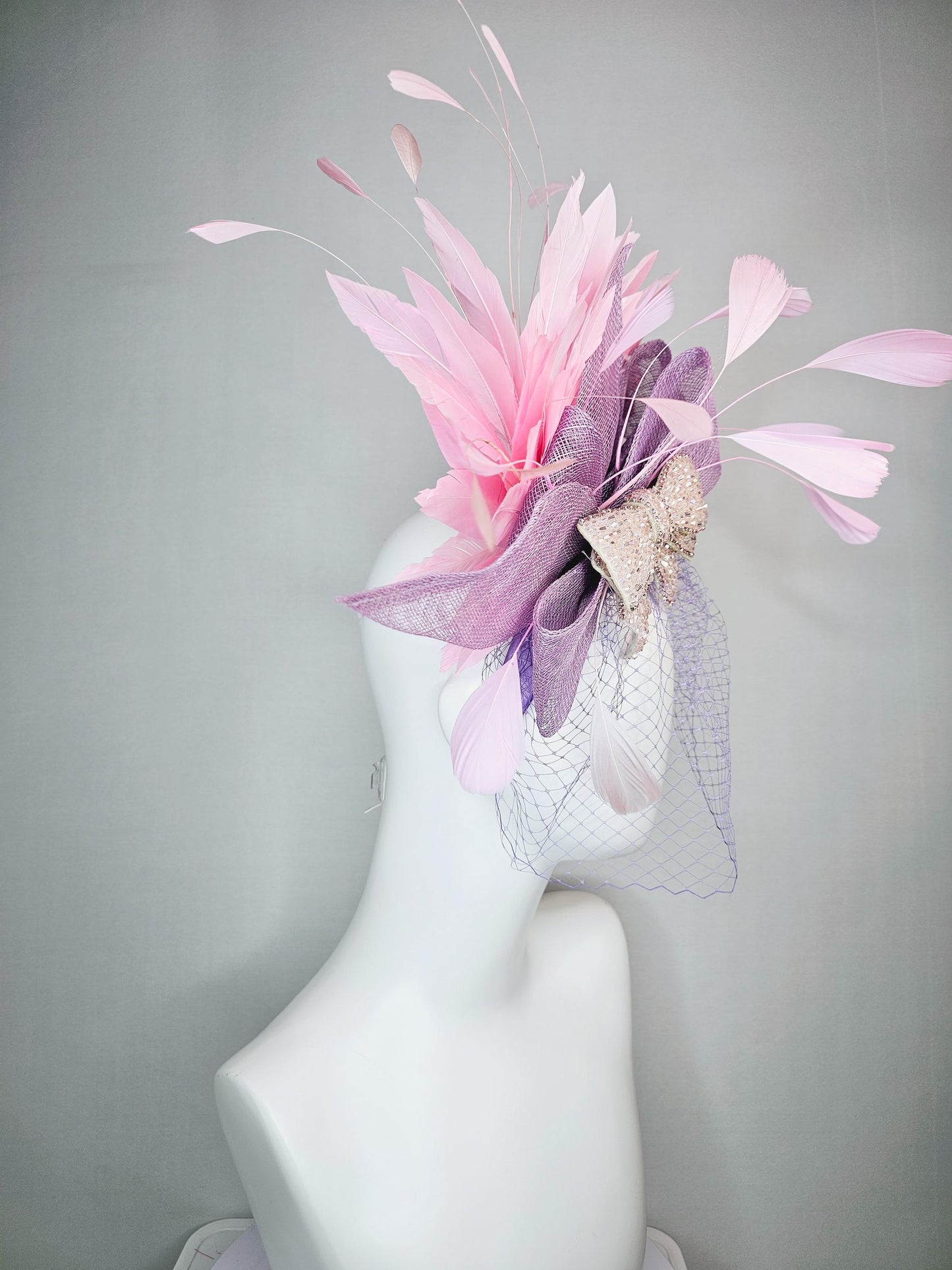 kentucky derby hat fascinator headband lavender purple sinamay bow light pink crystal beaded bow baby pink feathers with purple mesh veil