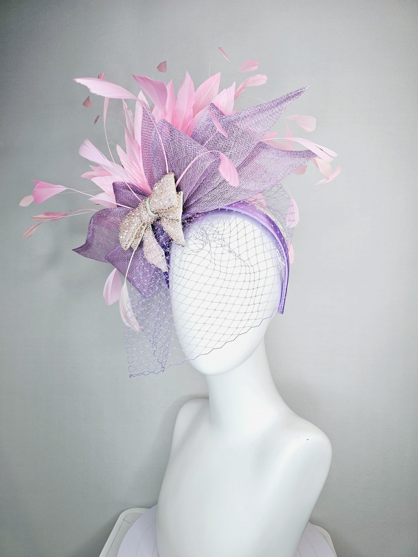 kentucky derby hat fascinator headband lavender purple sinamay bow light pink crystal beaded bow baby pink feathers with purple mesh veil
