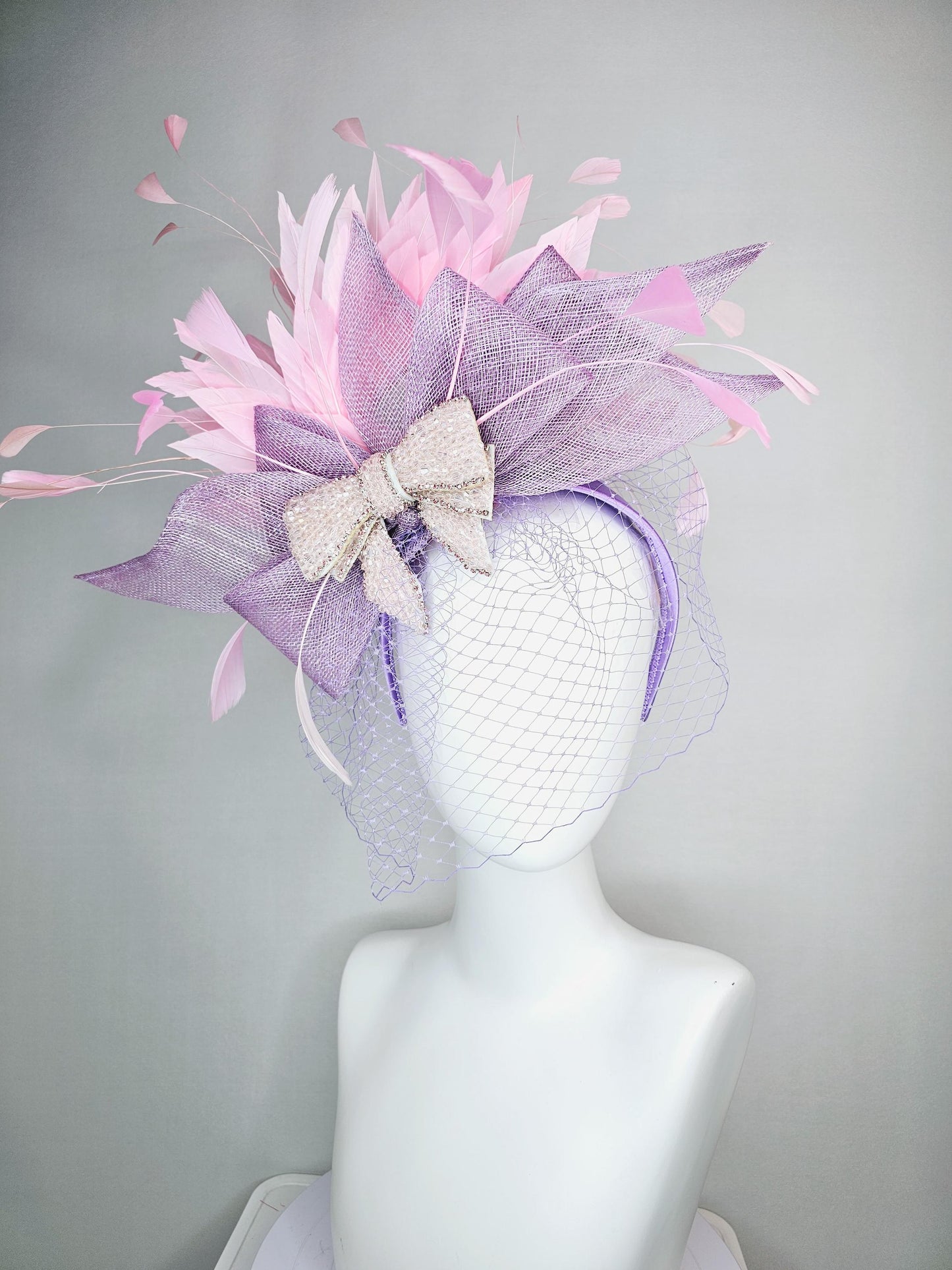 kentucky derby hat fascinator headband lavender purple sinamay bow light pink crystal beaded bow baby pink feathers with purple mesh veil