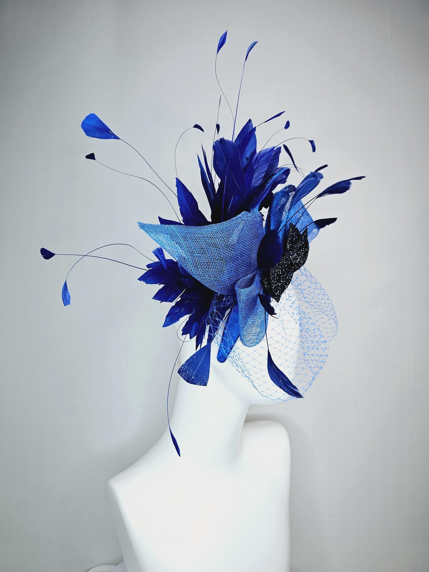 kentucky derby hat fascinator headband ocean sky blue sinamay bow black crystal beaded bow navy blue royal blue feathers with blue mesh veil