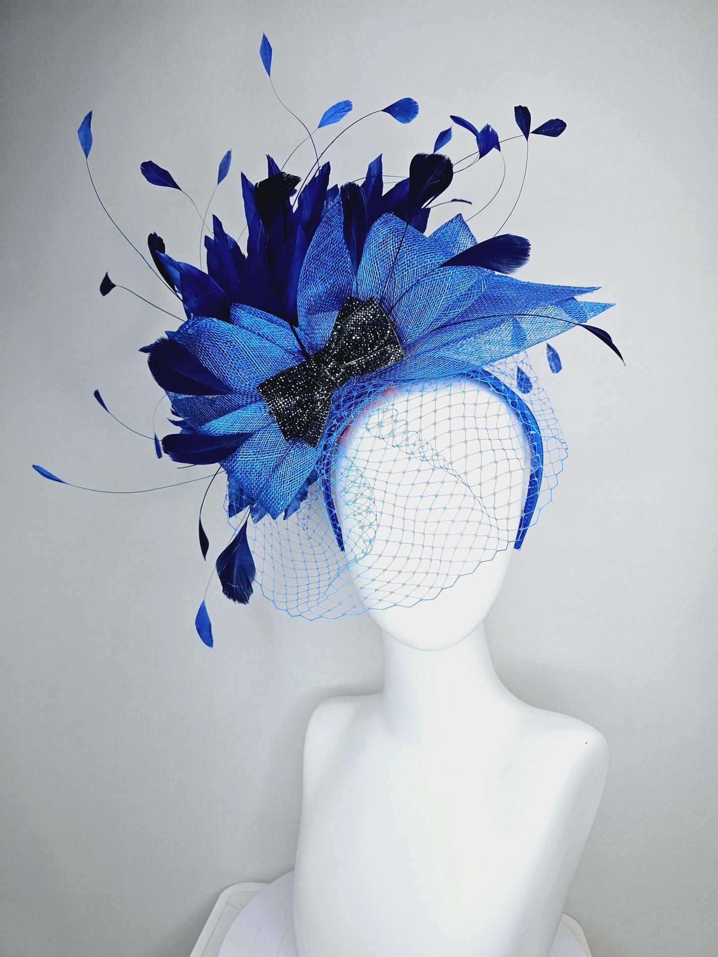 kentucky derby hat fascinator headband ocean sky blue sinamay bow black crystal beaded bow navy blue royal blue feathers with blue mesh veil