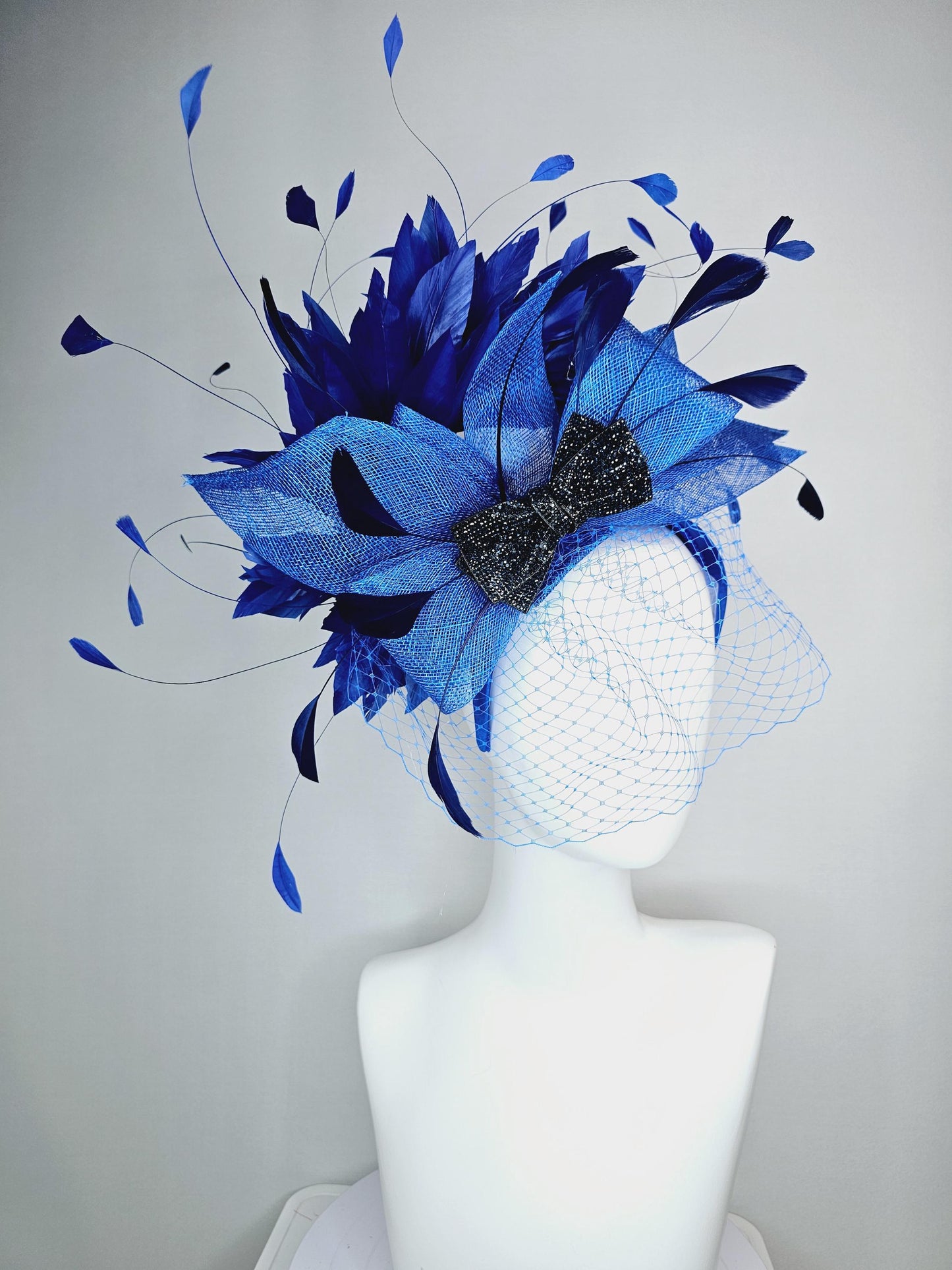 kentucky derby hat fascinator headband ocean sky blue sinamay bow black crystal beaded bow navy blue royal blue feathers with blue mesh veil