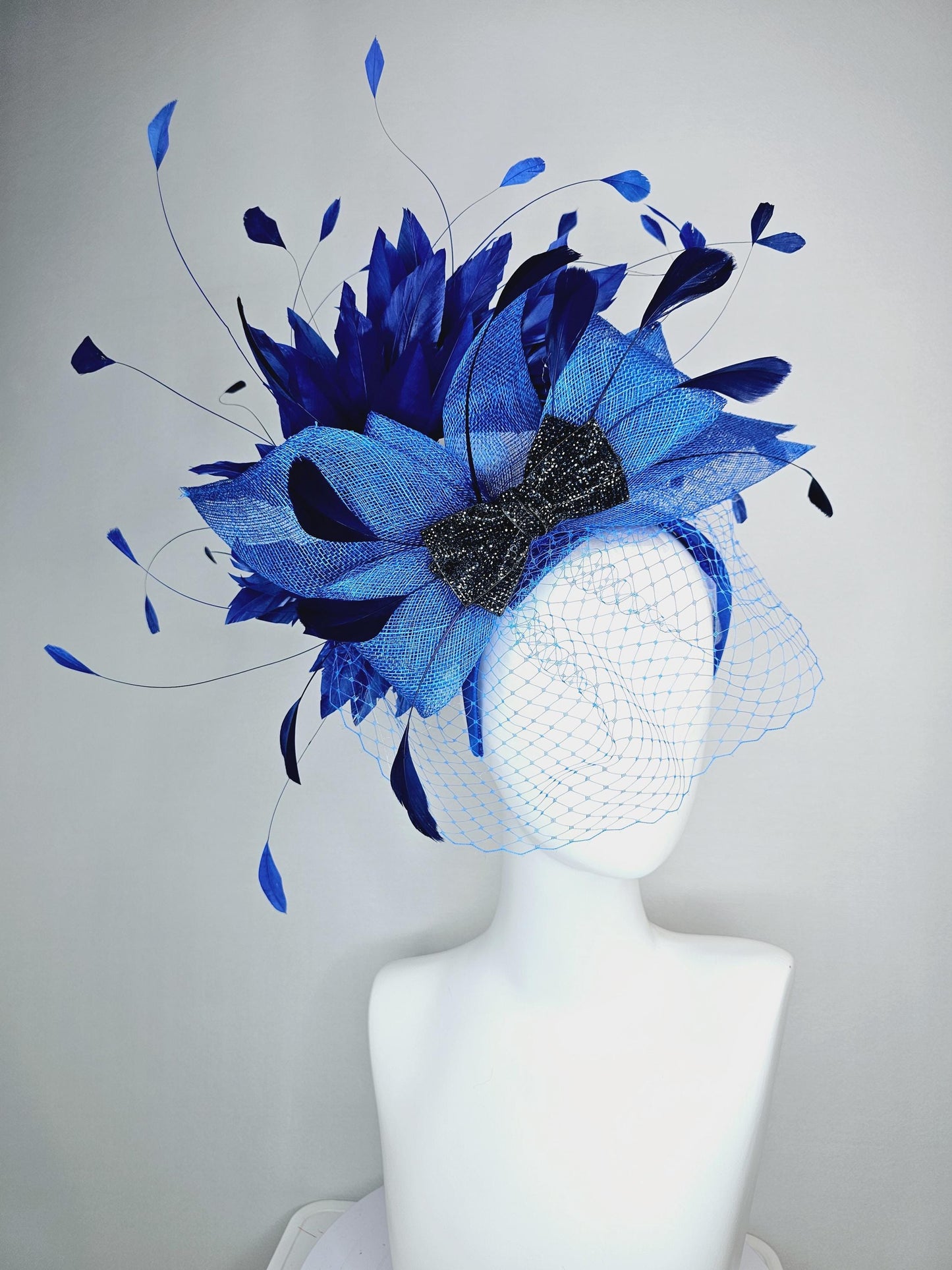 kentucky derby hat fascinator headband ocean sky blue sinamay bow black crystal beaded bow navy blue royal blue feathers with blue mesh veil