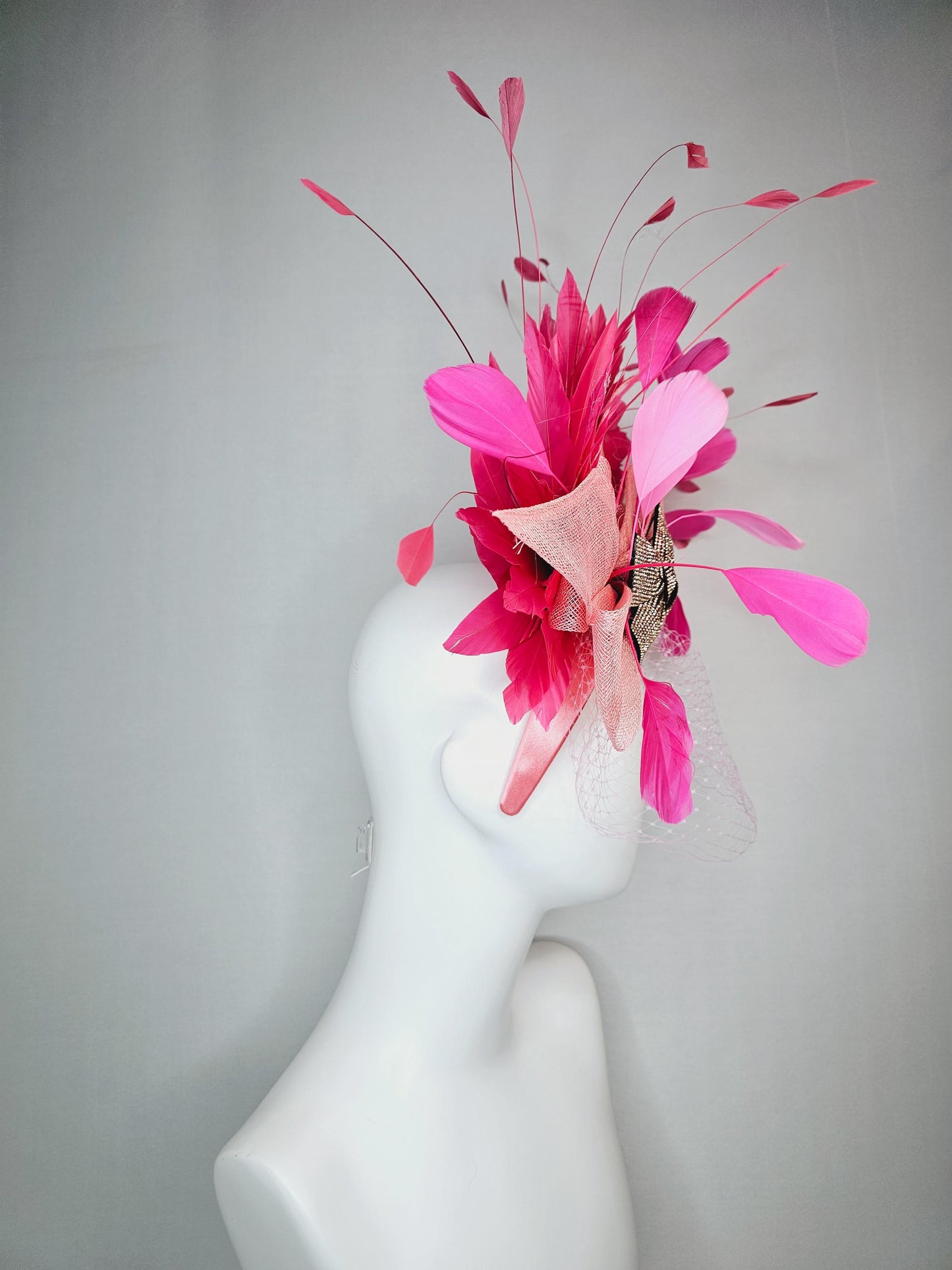 kentucky derby hat fascinator headband light baby pink sinamay bow bronze swarovski crystal beaded bow hot pink feathers with pink mesh veil