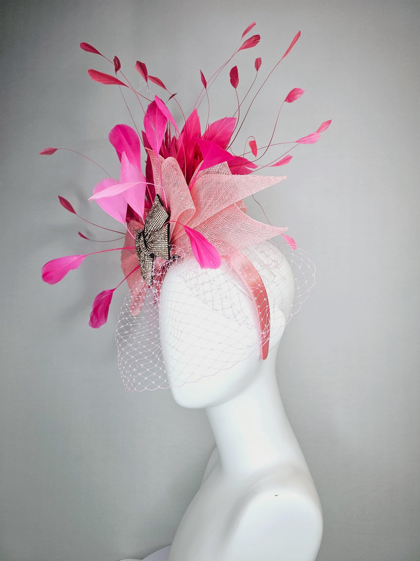 kentucky derby hat fascinator headband light baby pink sinamay bow bronze swarovski crystal beaded bow hot pink feathers with pink mesh veil