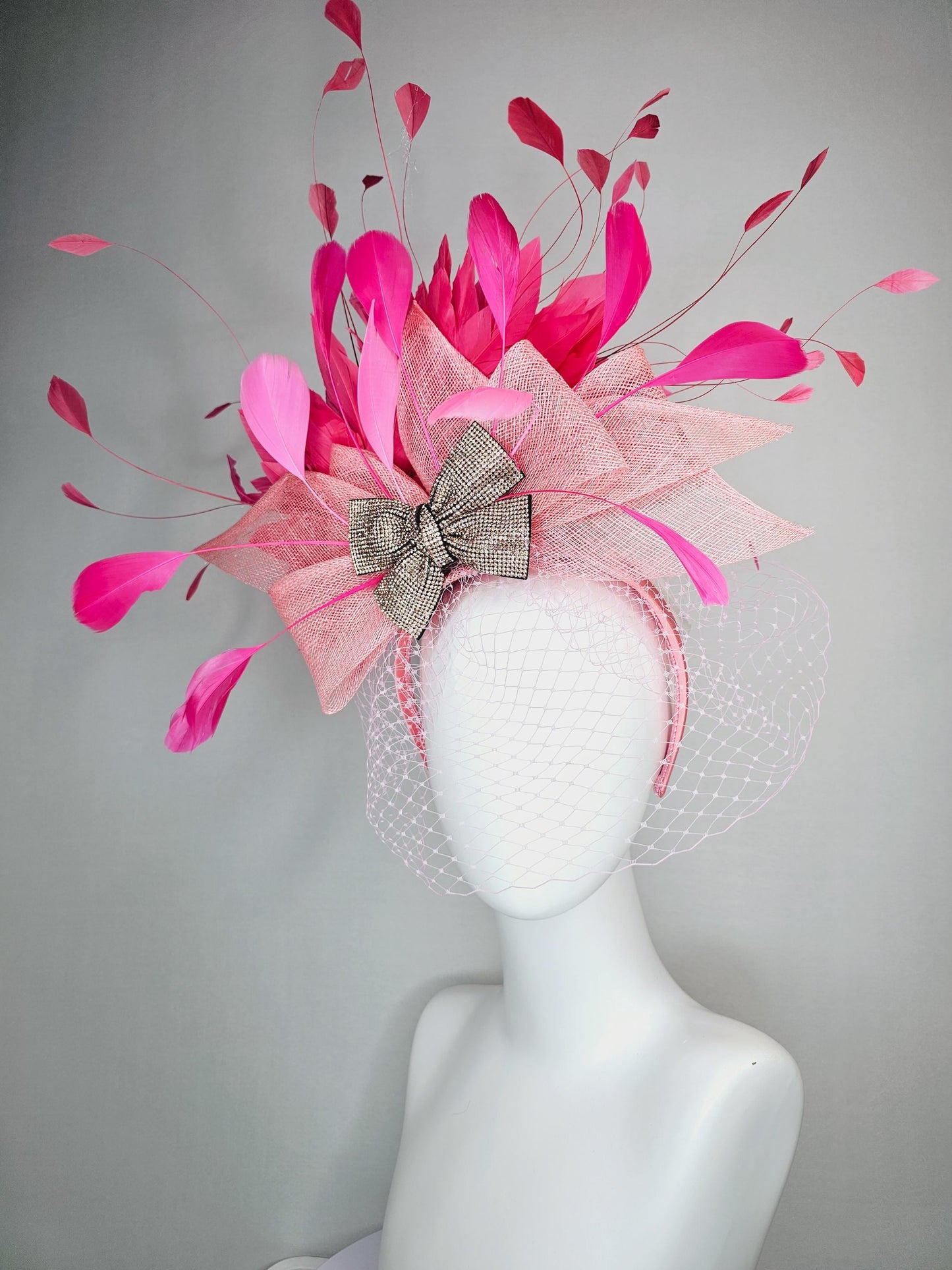 kentucky derby hat fascinator headband light baby pink sinamay bow bronze swarovski crystal beaded bow hot pink feathers with pink mesh veil