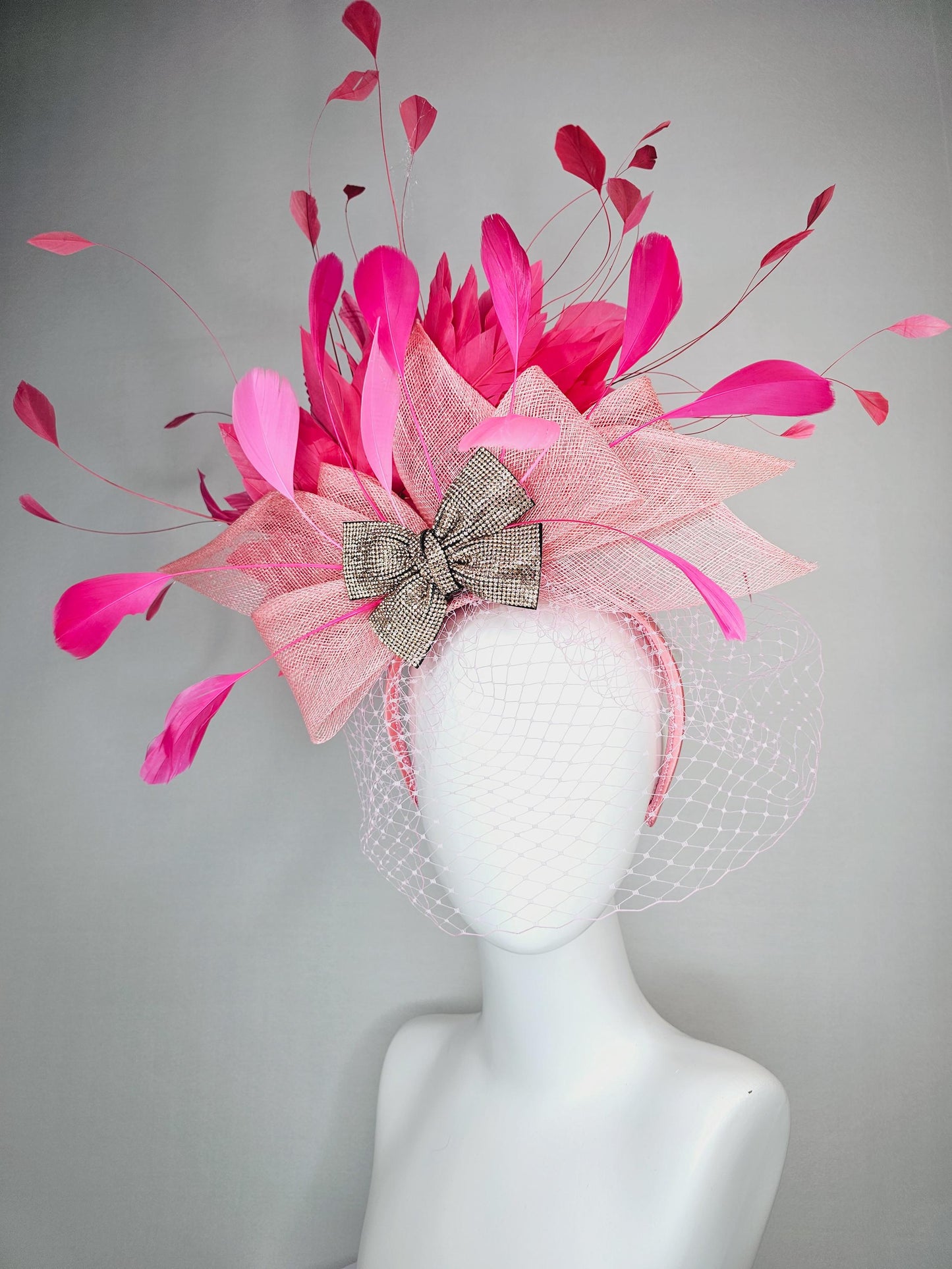 kentucky derby hat fascinator headband light baby pink sinamay bow bronze swarovski crystal beaded bow hot pink feathers with pink mesh veil