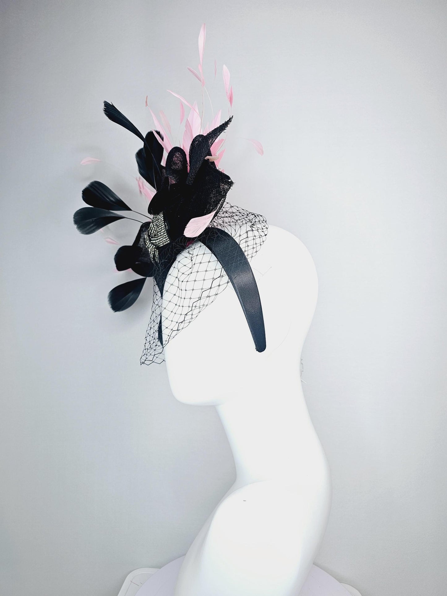kentucky derby hat fascinator headband black sinamay bow swarovski crystal beaded bow black light baby pink feathers with black mesh veil