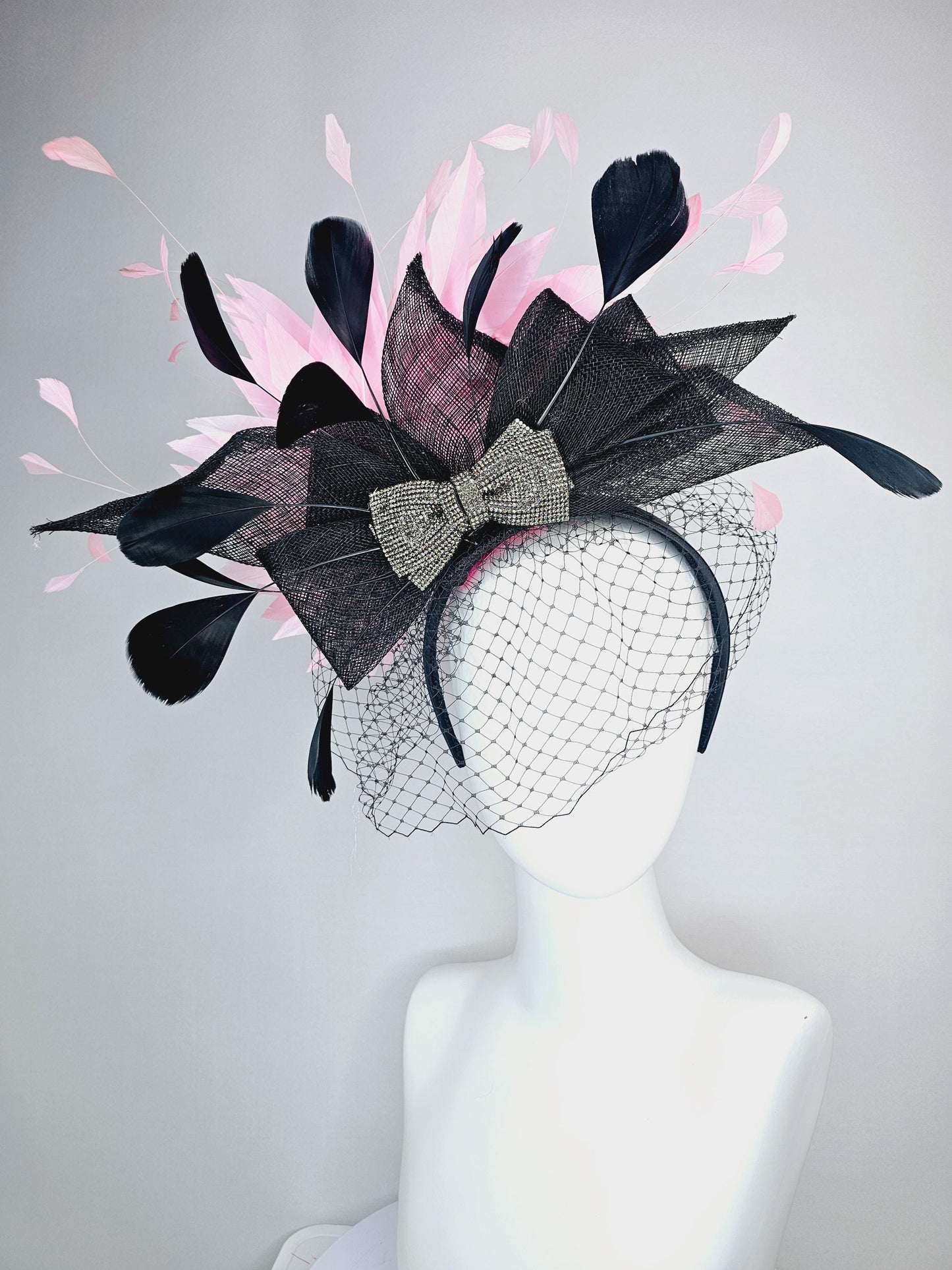 kentucky derby hat fascinator headband black sinamay bow swarovski crystal beaded bow black light baby pink feathers with black mesh veil