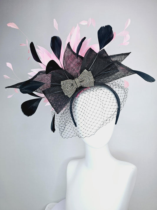 kentucky derby hat fascinator headband black sinamay bow swarovski crystal beaded bow black light baby pink feathers with black mesh veil