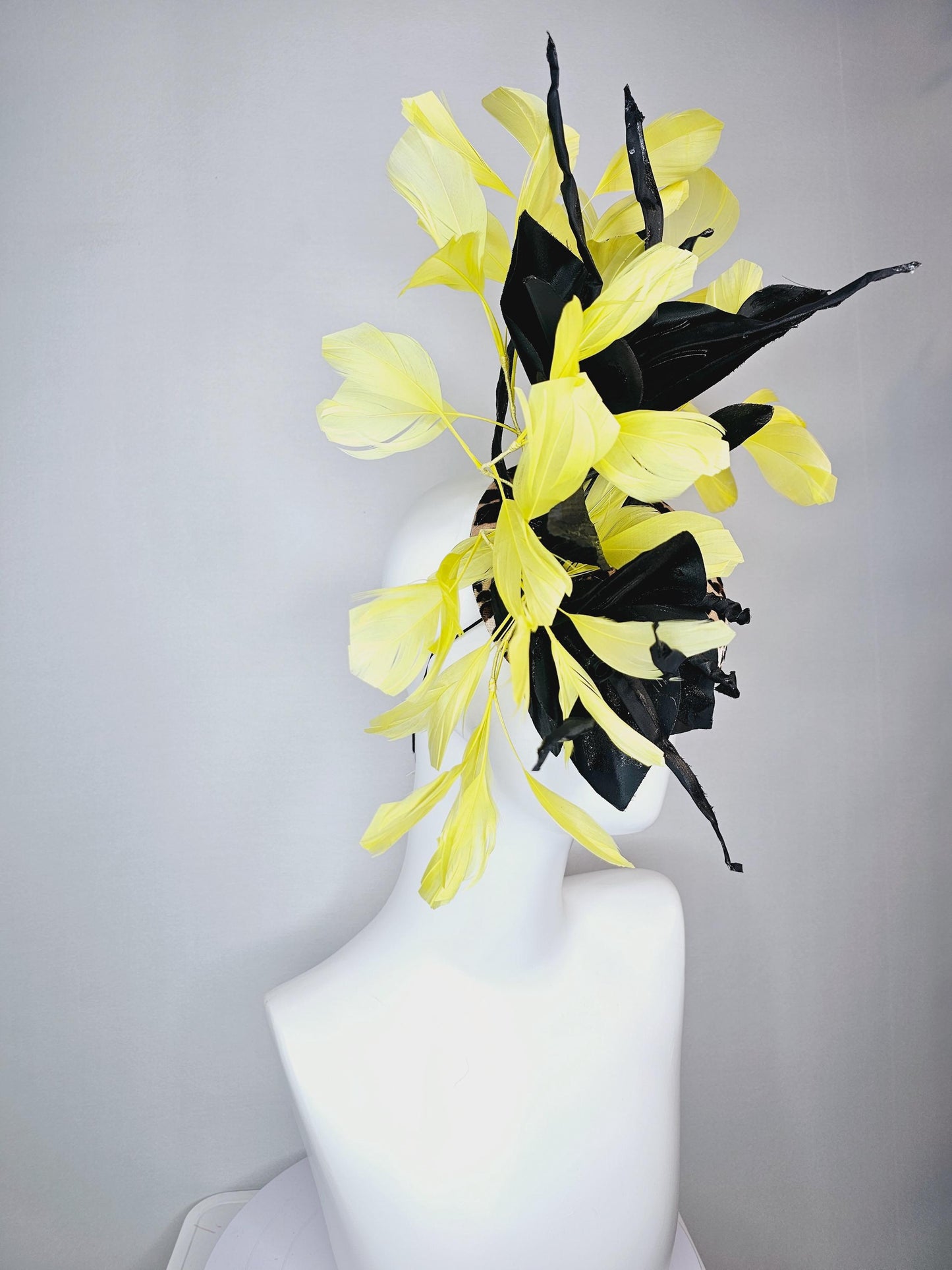 kentucky derby hat fascinator velvet leopard print with black satin flowers and satin black leaves with yellow branching feathers