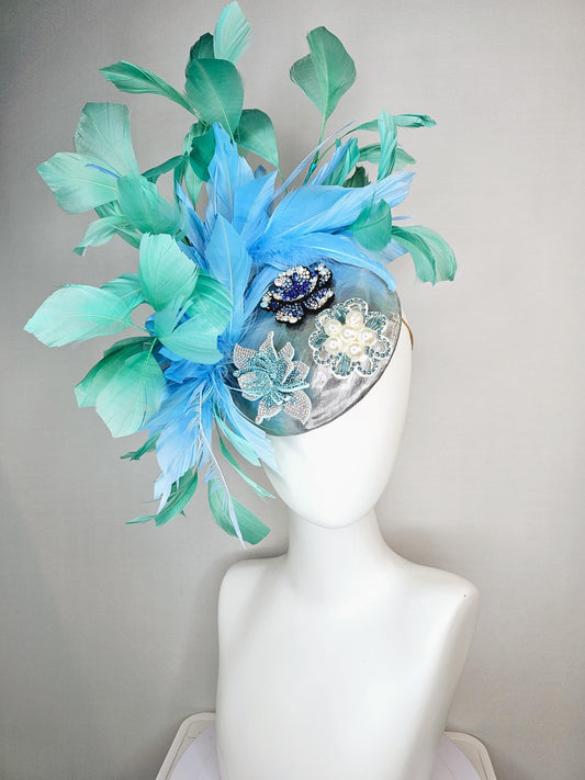 kentucky derby hat fascinator silver metallic with light royal cobalt blue iridescent crystal and pearl flowers mint green sky blue feathers