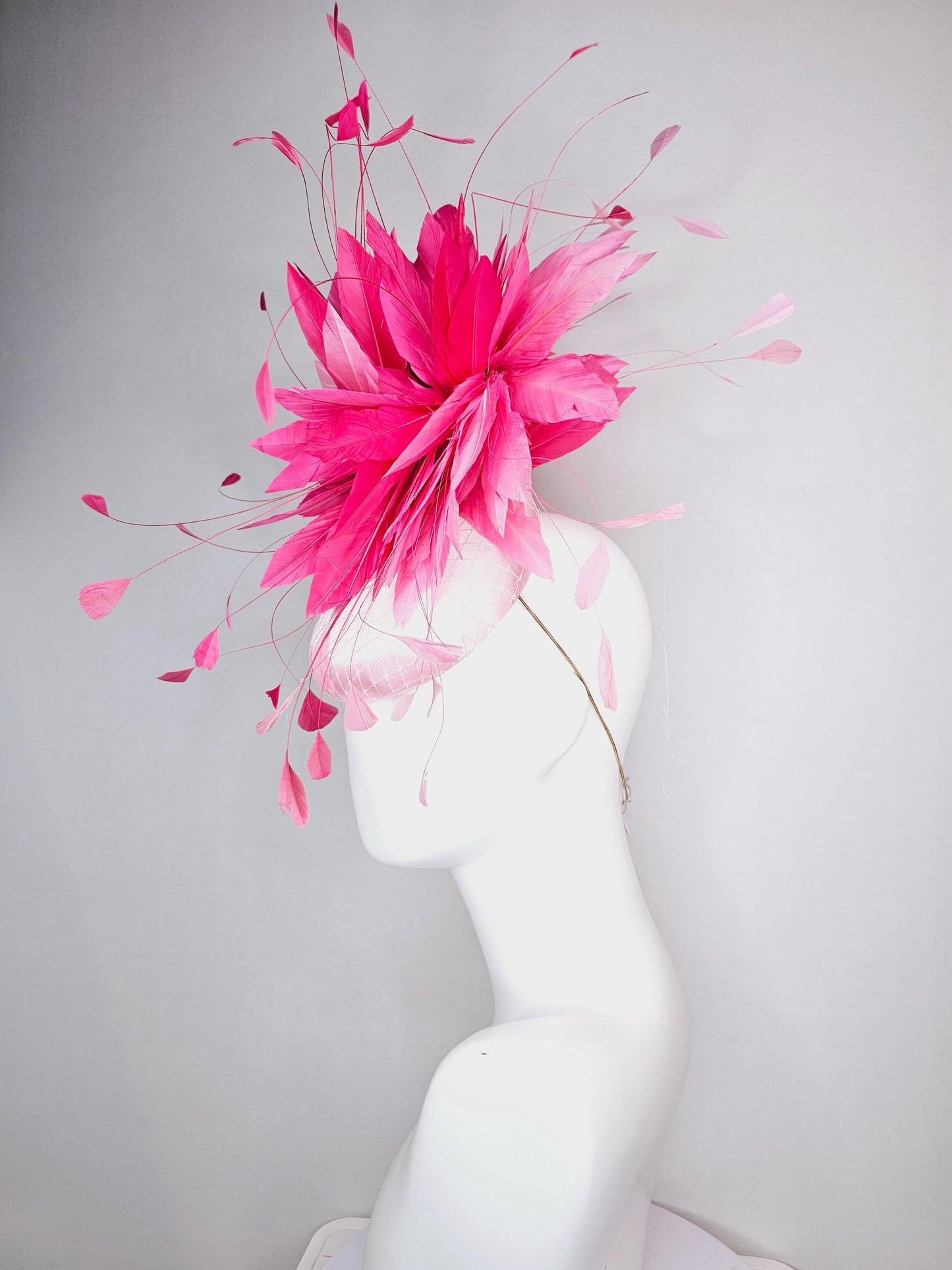 kentucky derby hat fascinator light pink satin with netting baby pink and hot bright pink fluffy feathers