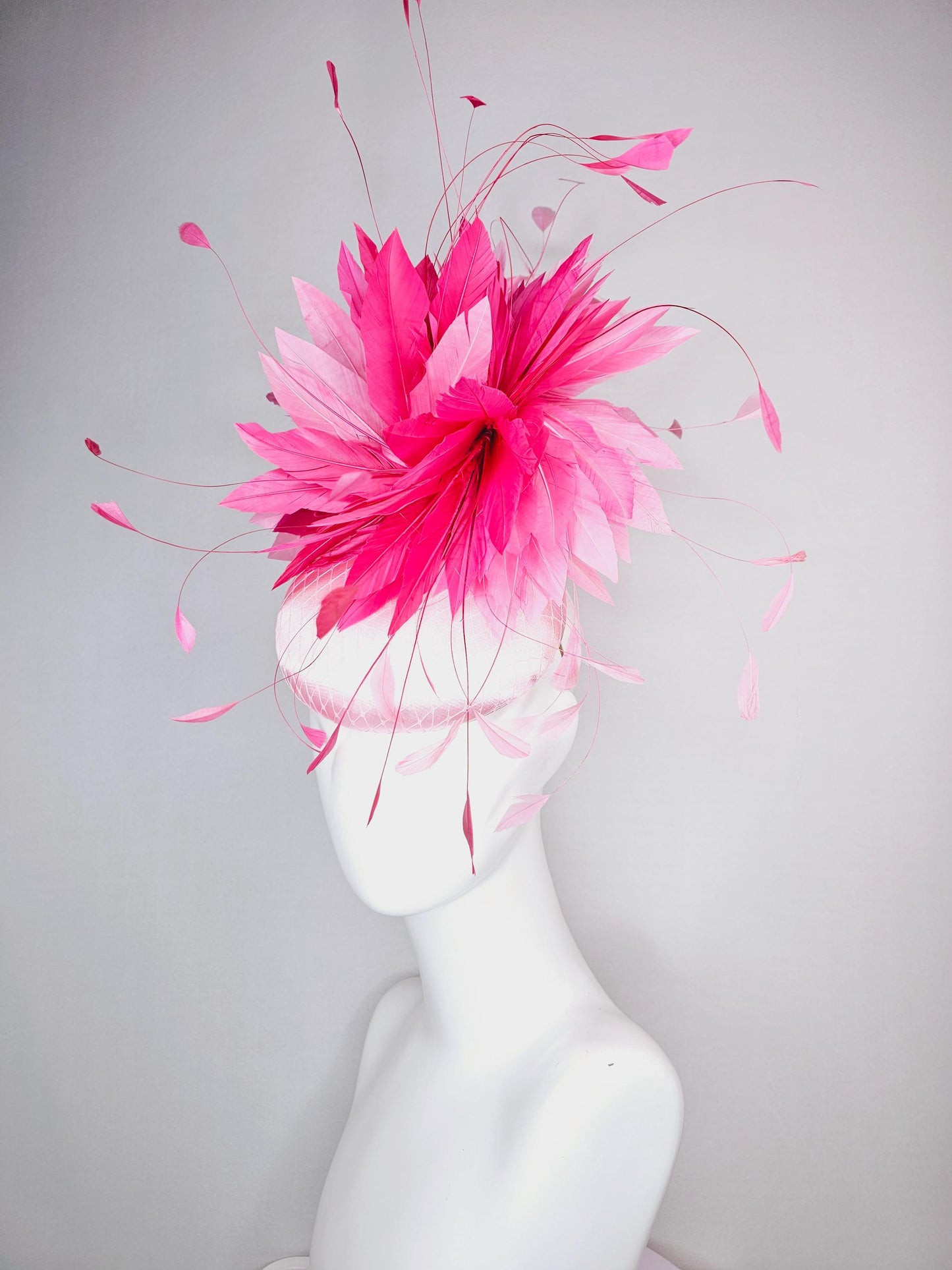 kentucky derby hat fascinator light pink satin with netting baby pink and hot bright pink fluffy feathers