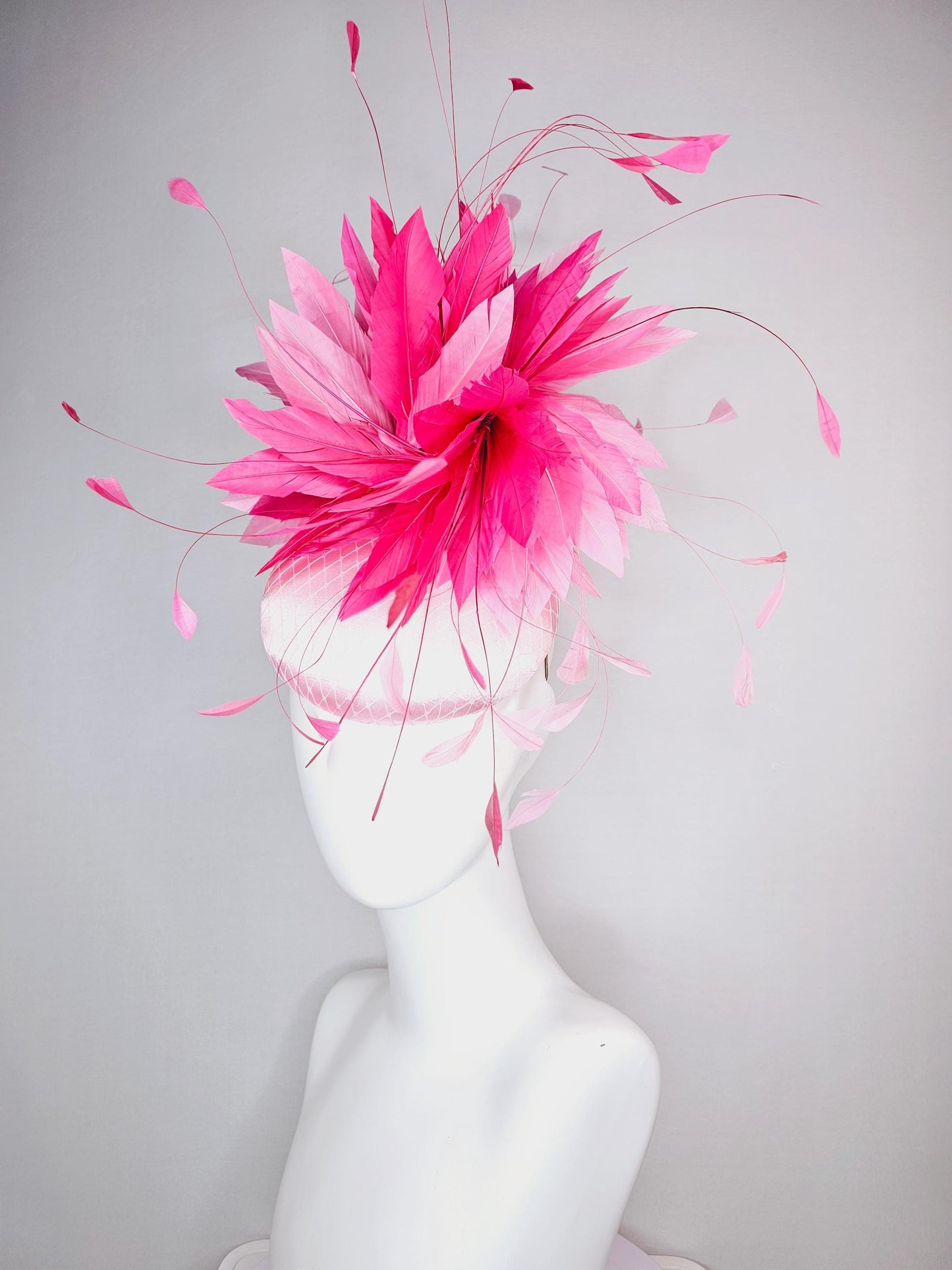 kentucky derby hat fascinator light pink satin with netting baby pink and hot bright pink fluffy feathers