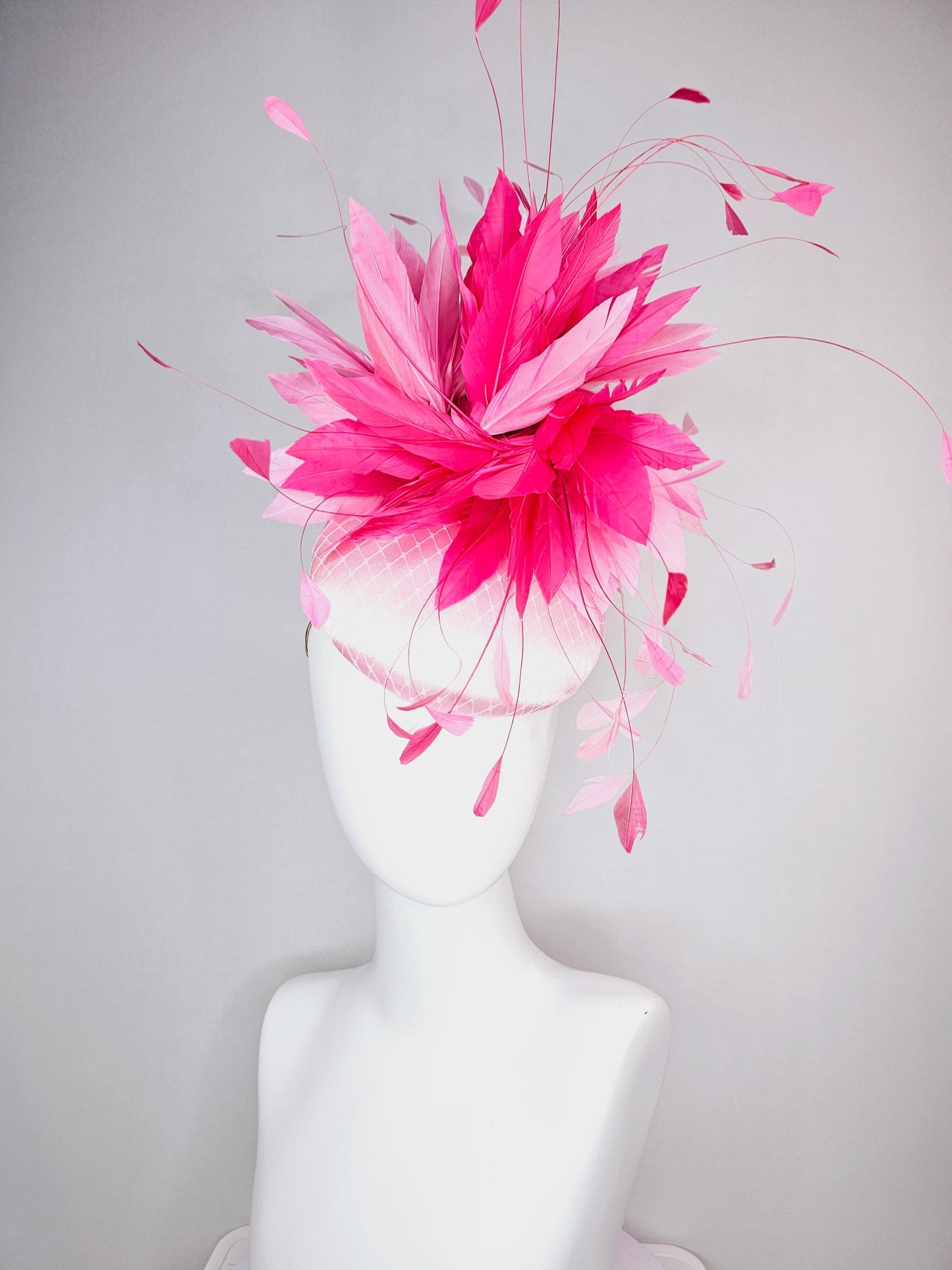 kentucky derby hat fascinator light pink satin with netting baby pink and hot bright pink fluffy feathers