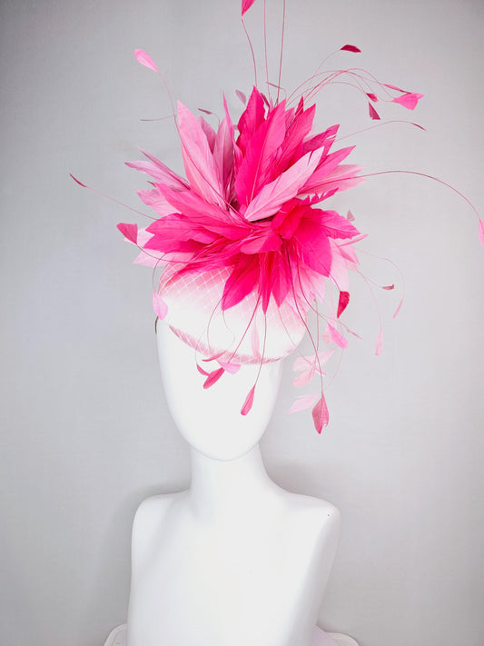 kentucky derby hat fascinator light pink satin with netting baby pink and hot bright pink fluffy feathers