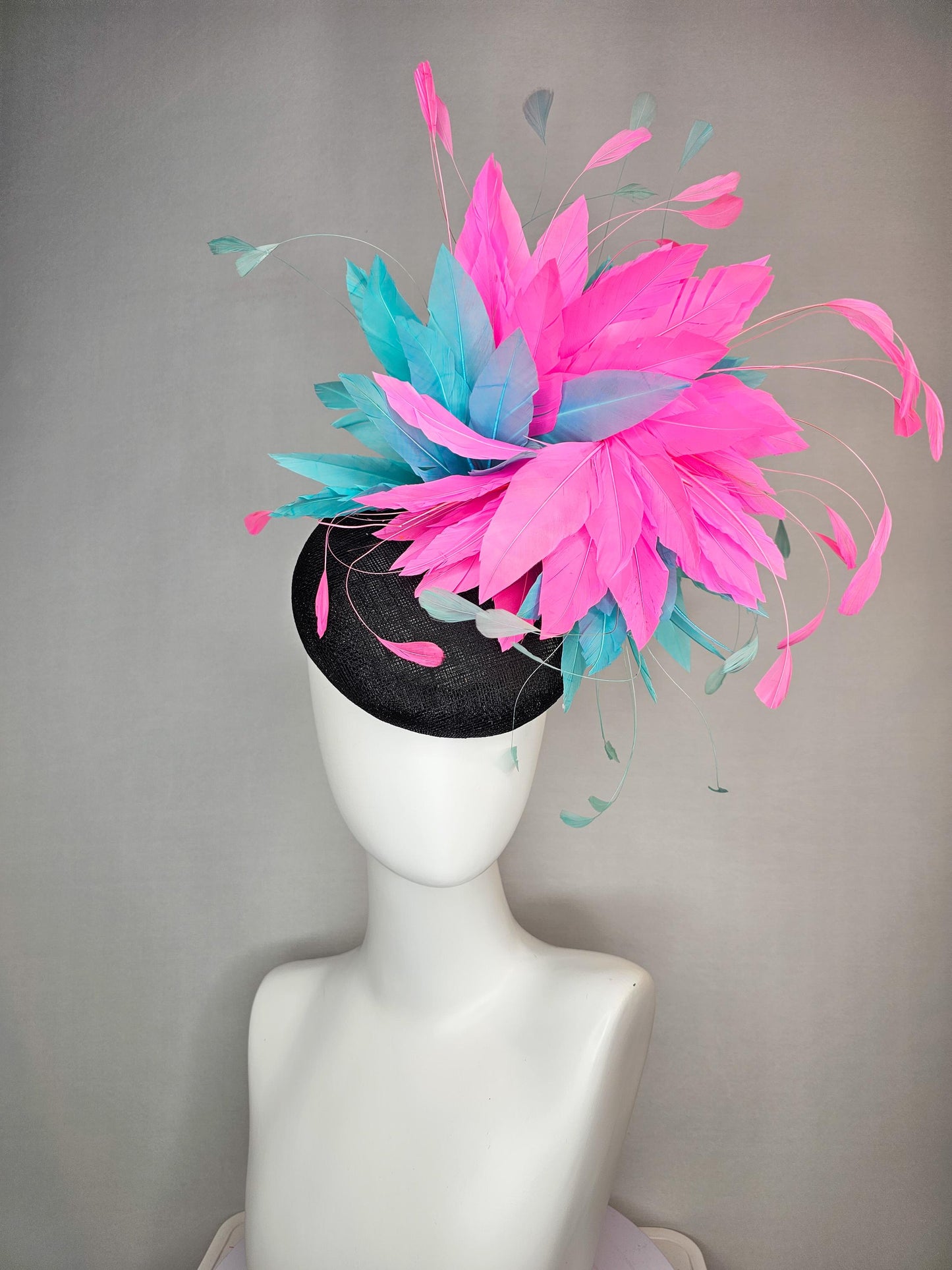 kentucky derby hat fascinator colorful black sinamay with sky aqua blue and fuchsia pink fluffy feathers
