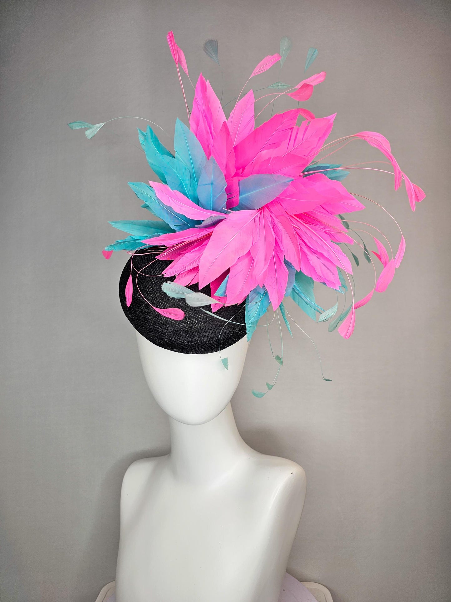 kentucky derby hat fascinator colorful black sinamay with sky aqua blue and fuchsia pink fluffy feathers
