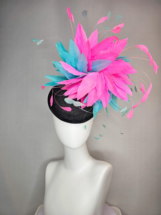 kentucky derby hat fascinator colorful black sinamay with sky aqua blue and fuchsia pink fluffy feathers