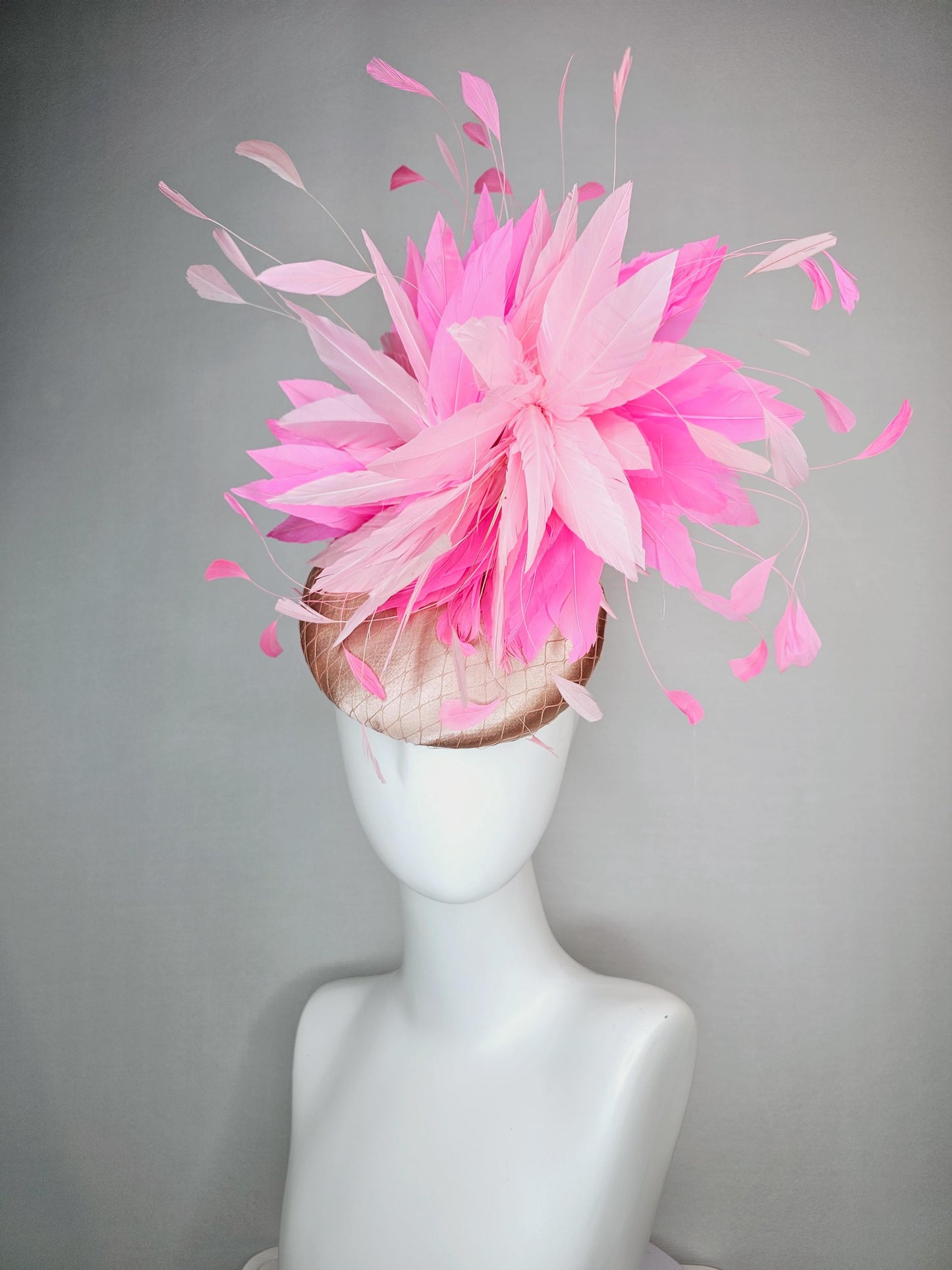 kentucky derby hat fascinator champagne beige satin with netting light baby pink and blush pink fluffy feathers