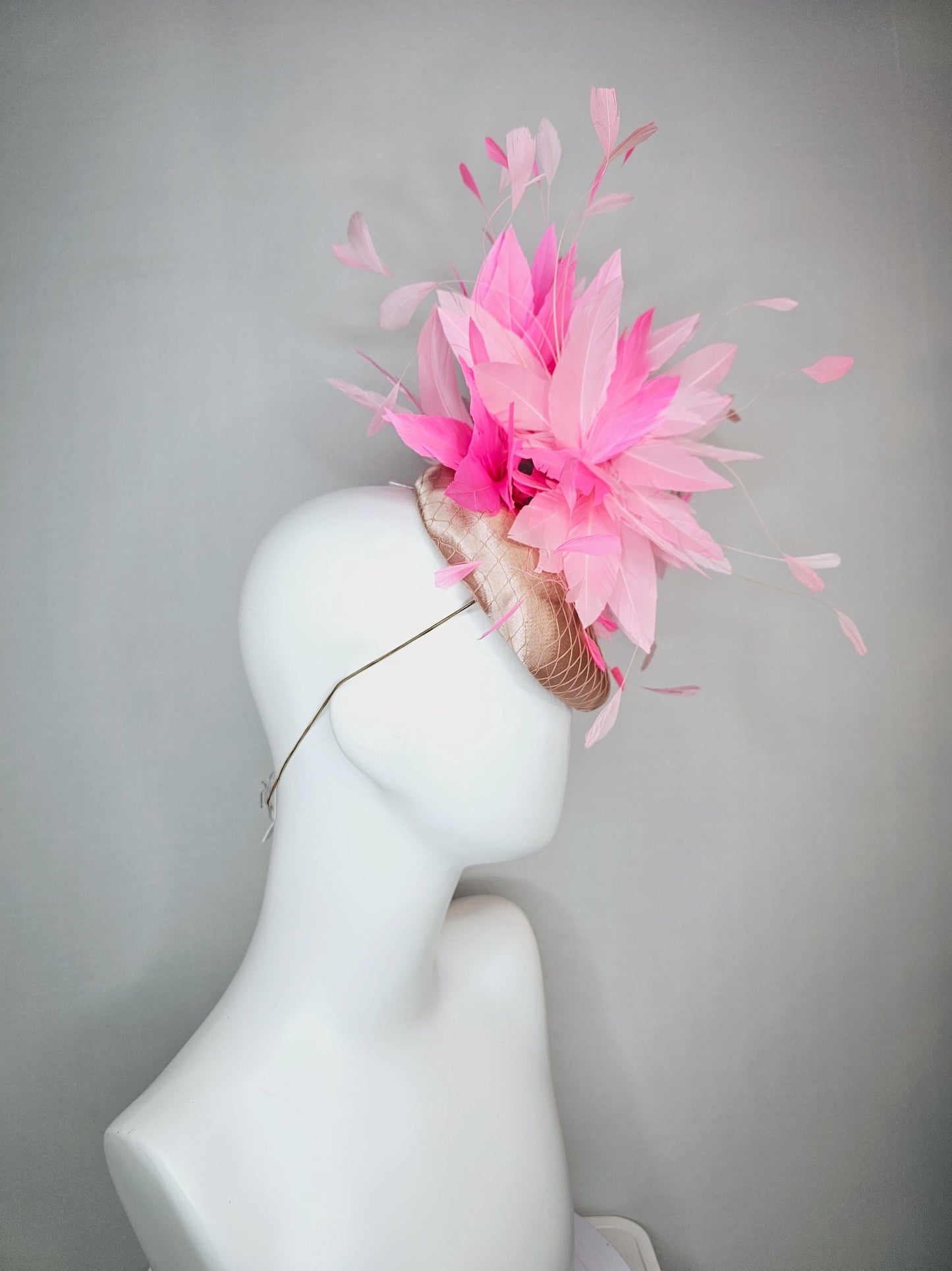 kentucky derby hat fascinator champagne beige satin with netting light baby pink and blush pink fluffy feathers
