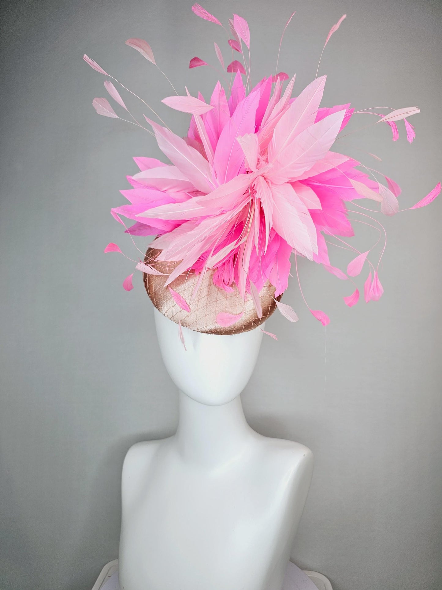 kentucky derby hat fascinator champagne beige satin with netting light baby pink and blush pink fluffy feathers