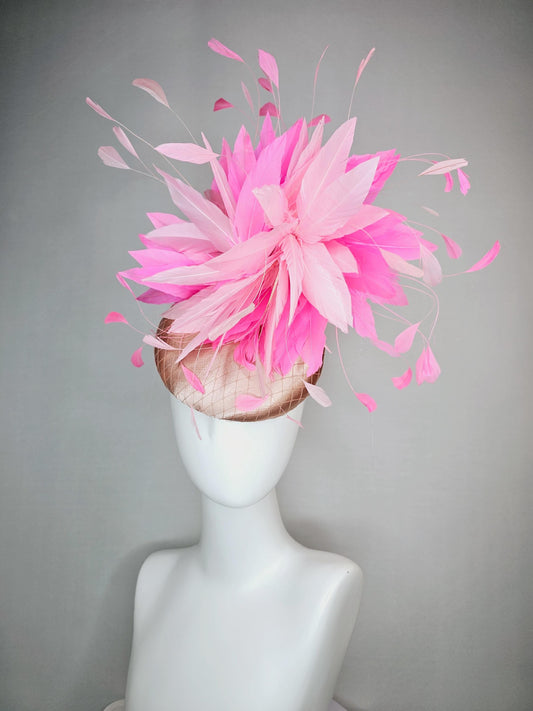 kentucky derby hat fascinator champagne beige satin with netting light baby pink and blush pink fluffy feathers