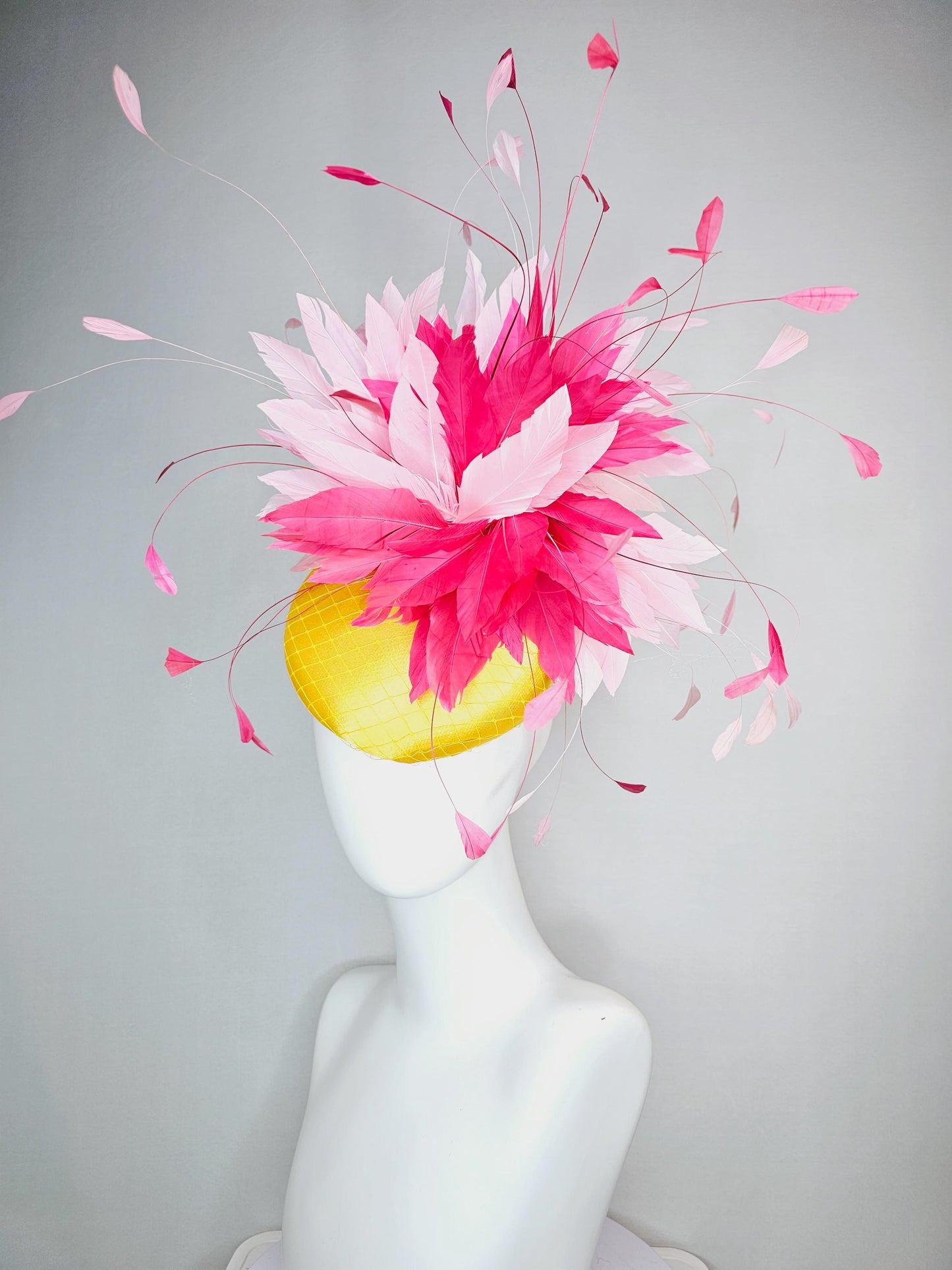 kentucky derby hat fascinator yellow satin with netting light baby pink and hot raspberry pink fluffy feathers