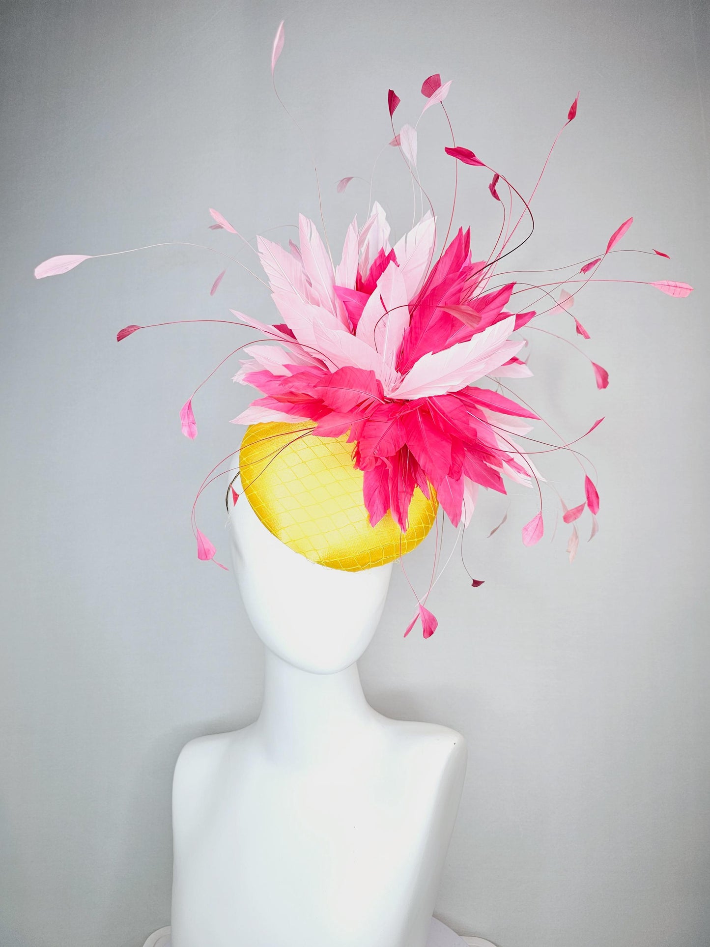 kentucky derby hat fascinator yellow satin with netting light baby pink and hot raspberry pink fluffy feathers