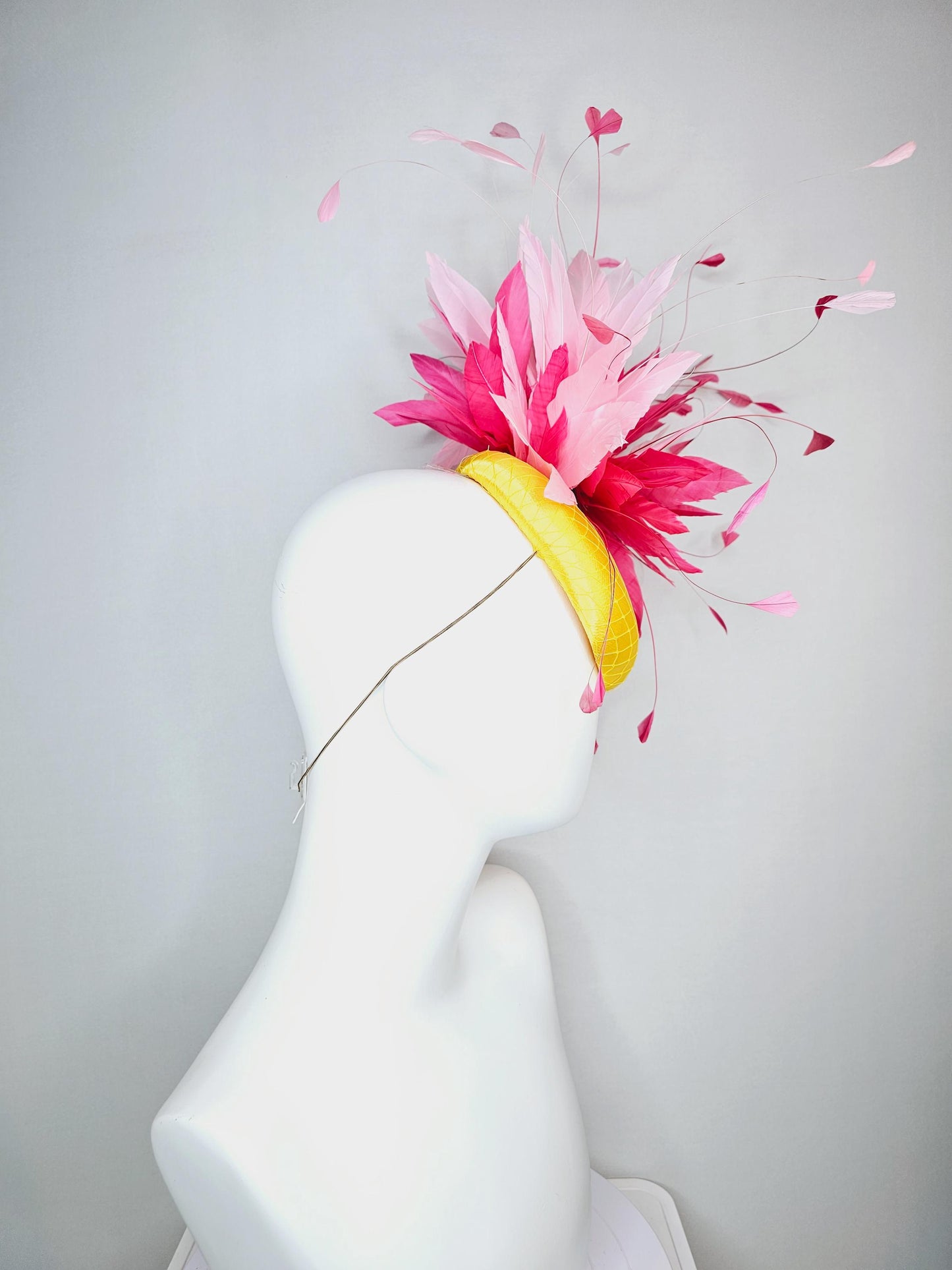 kentucky derby hat fascinator yellow satin with netting light baby pink and hot raspberry pink fluffy feathers