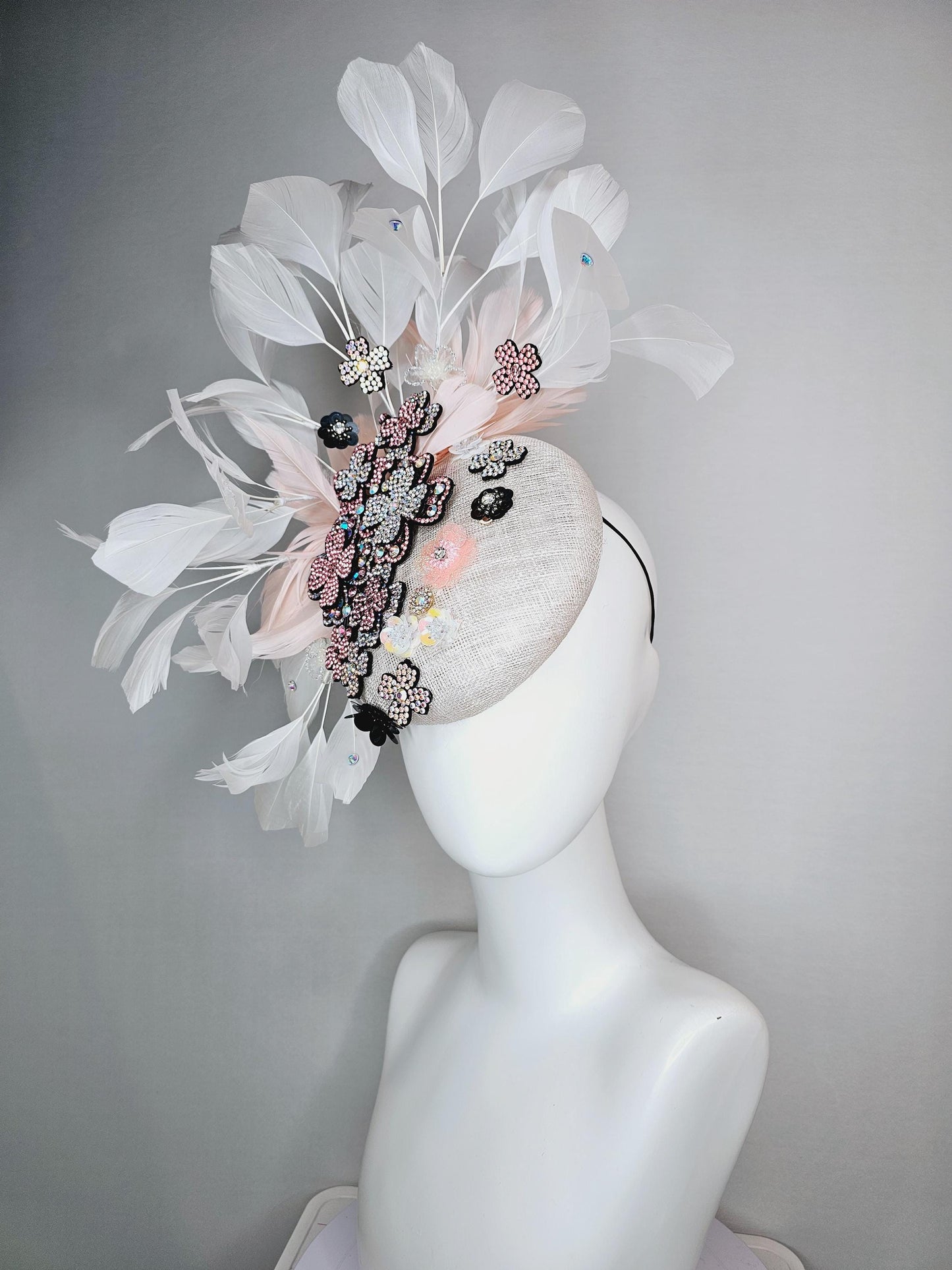 kentucky derby hat fascinator white sinamay with light pink iridescent swarovski crystal and black sequin flowers baby pink white feathers
