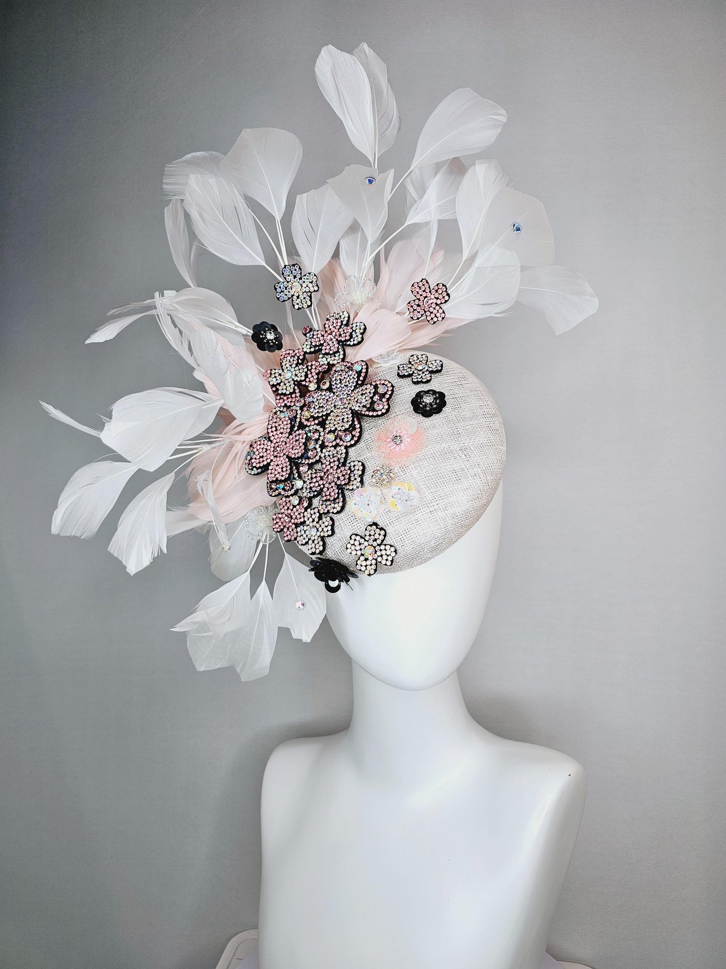 kentucky derby hat fascinator white sinamay with light pink iridescent swarovski crystal and black sequin flowers baby pink white feathers