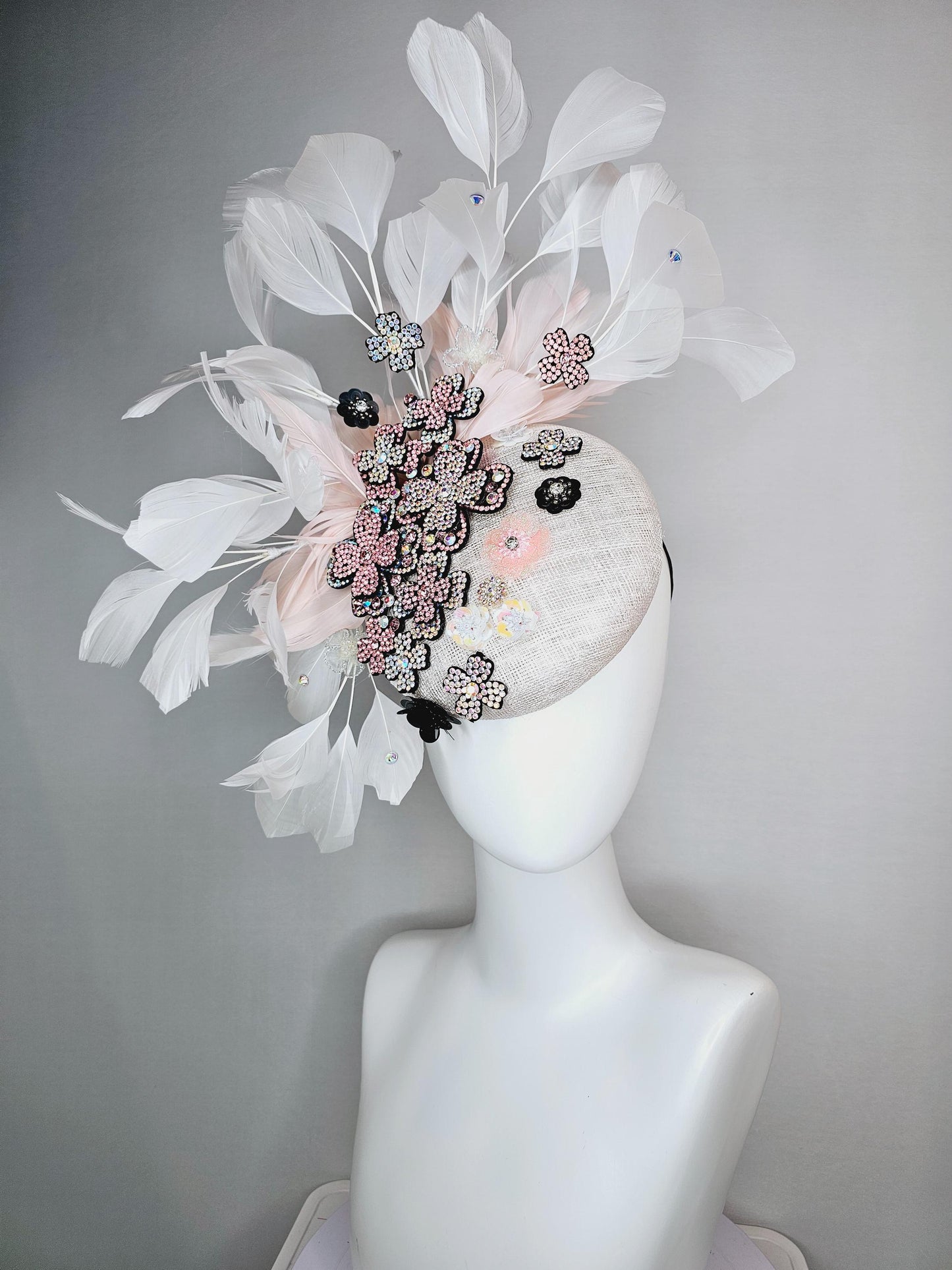 kentucky derby hat fascinator white sinamay with light pink iridescent swarovski crystal and black sequin flowers baby pink white feathers