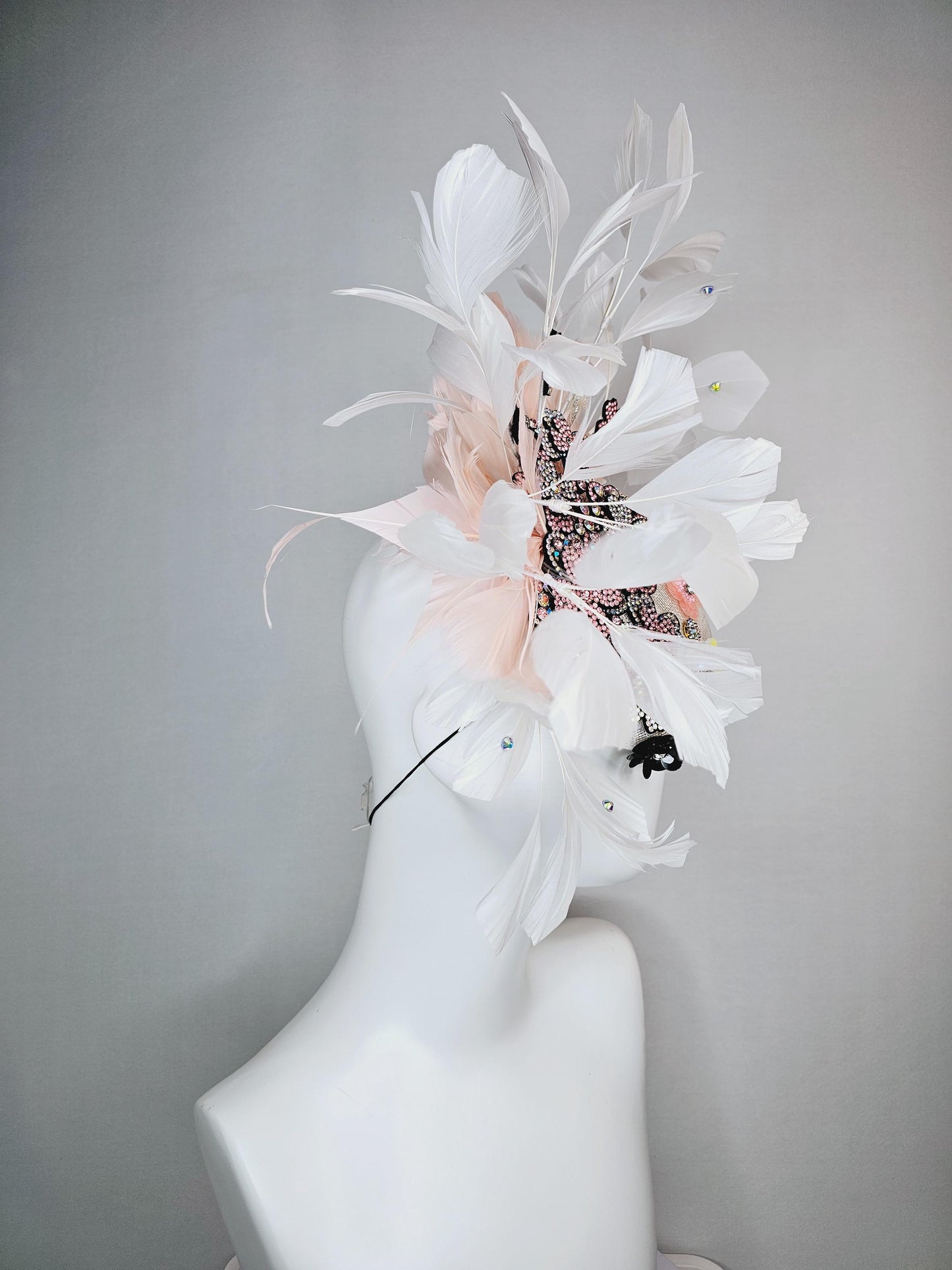 kentucky derby hat fascinator white sinamay with light pink iridescent swarovski crystal and black sequin flowers baby pink white feathers