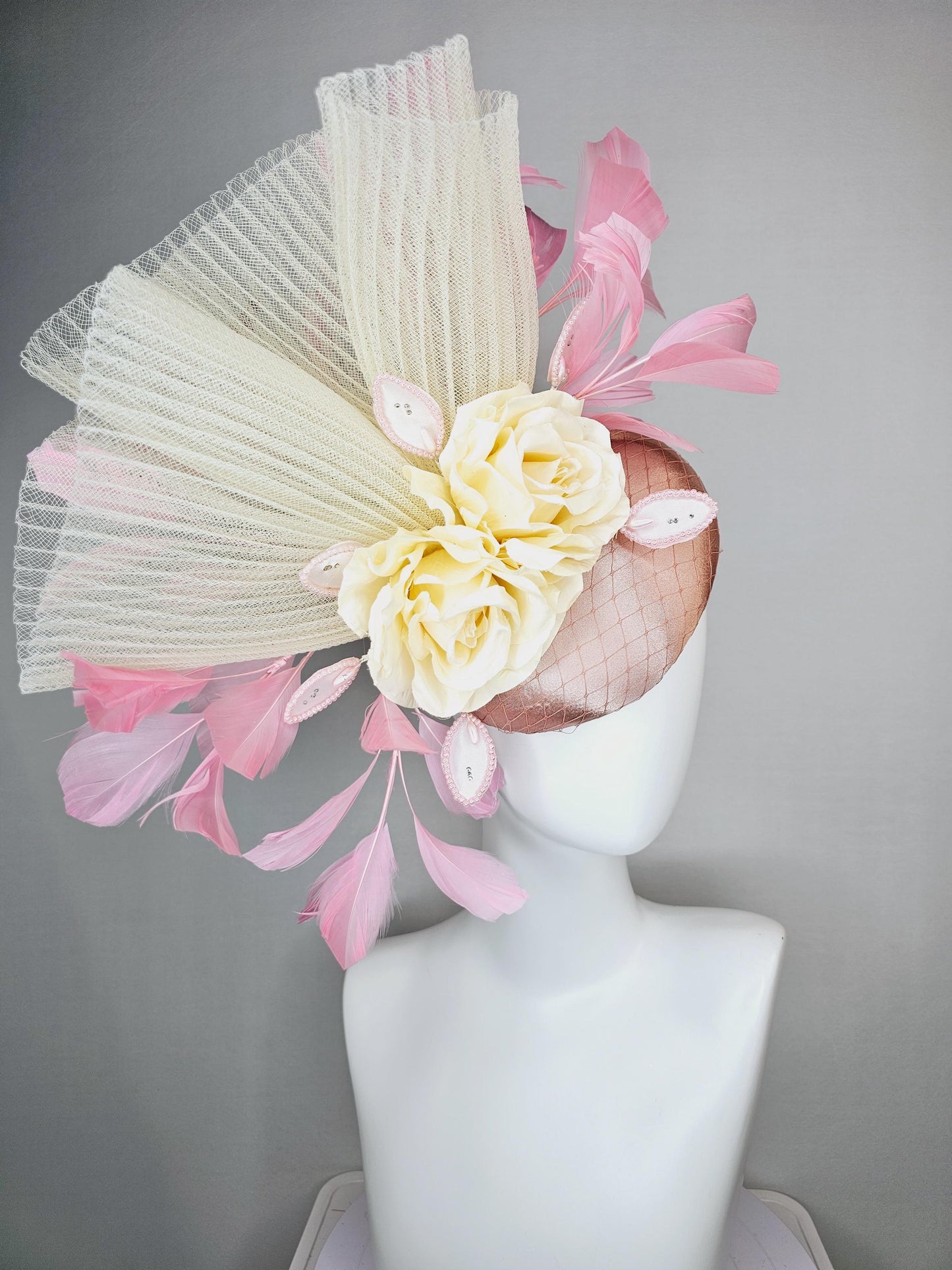 kentucky derby hat fascinator champagne pink satin with netting cream beige satin roses beige pleated crinoline and light baby pink feathers