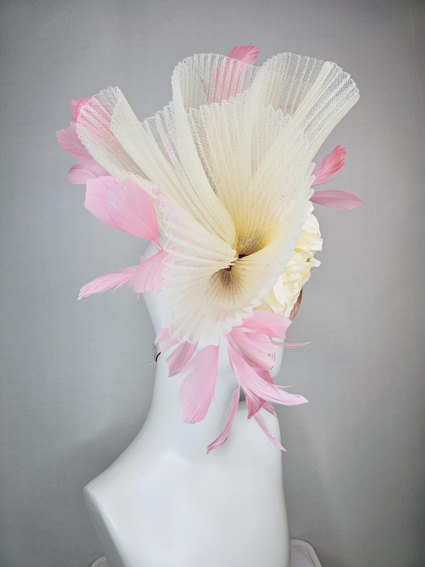kentucky derby hat fascinator champagne pink satin with netting cream beige satin roses beige pleated crinoline and light baby pink feathers