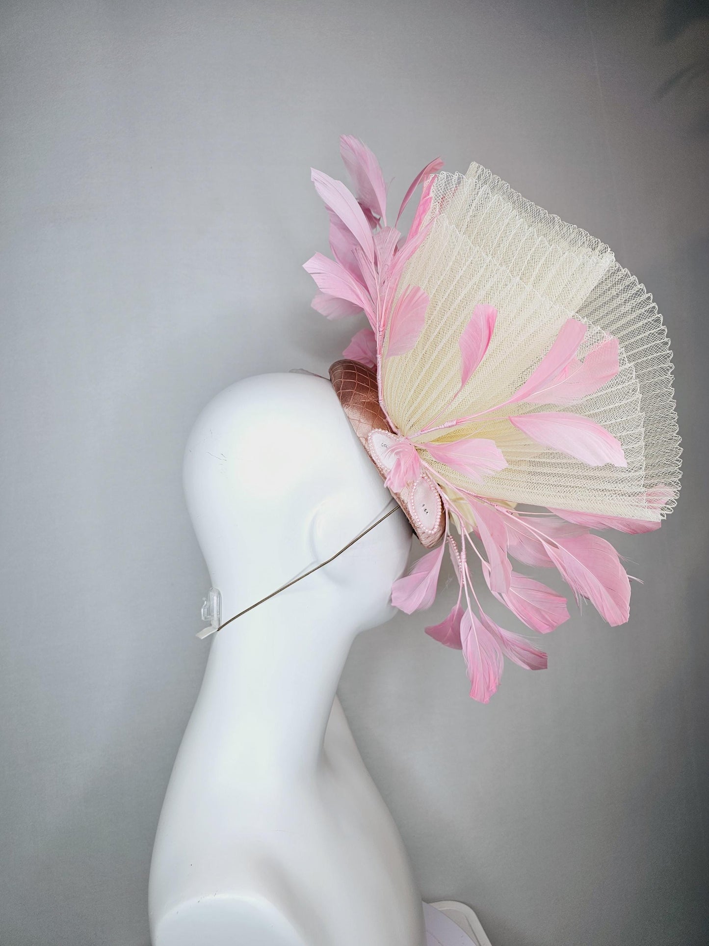 kentucky derby hat fascinator champagne pink satin with netting cream beige satin roses beige pleated crinoline and light baby pink feathers