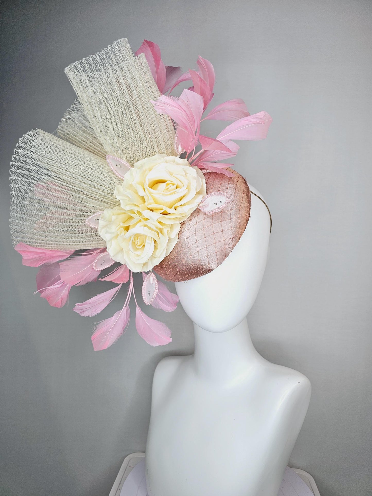 kentucky derby hat fascinator champagne pink satin with netting cream beige satin roses beige pleated crinoline and light baby pink feathers