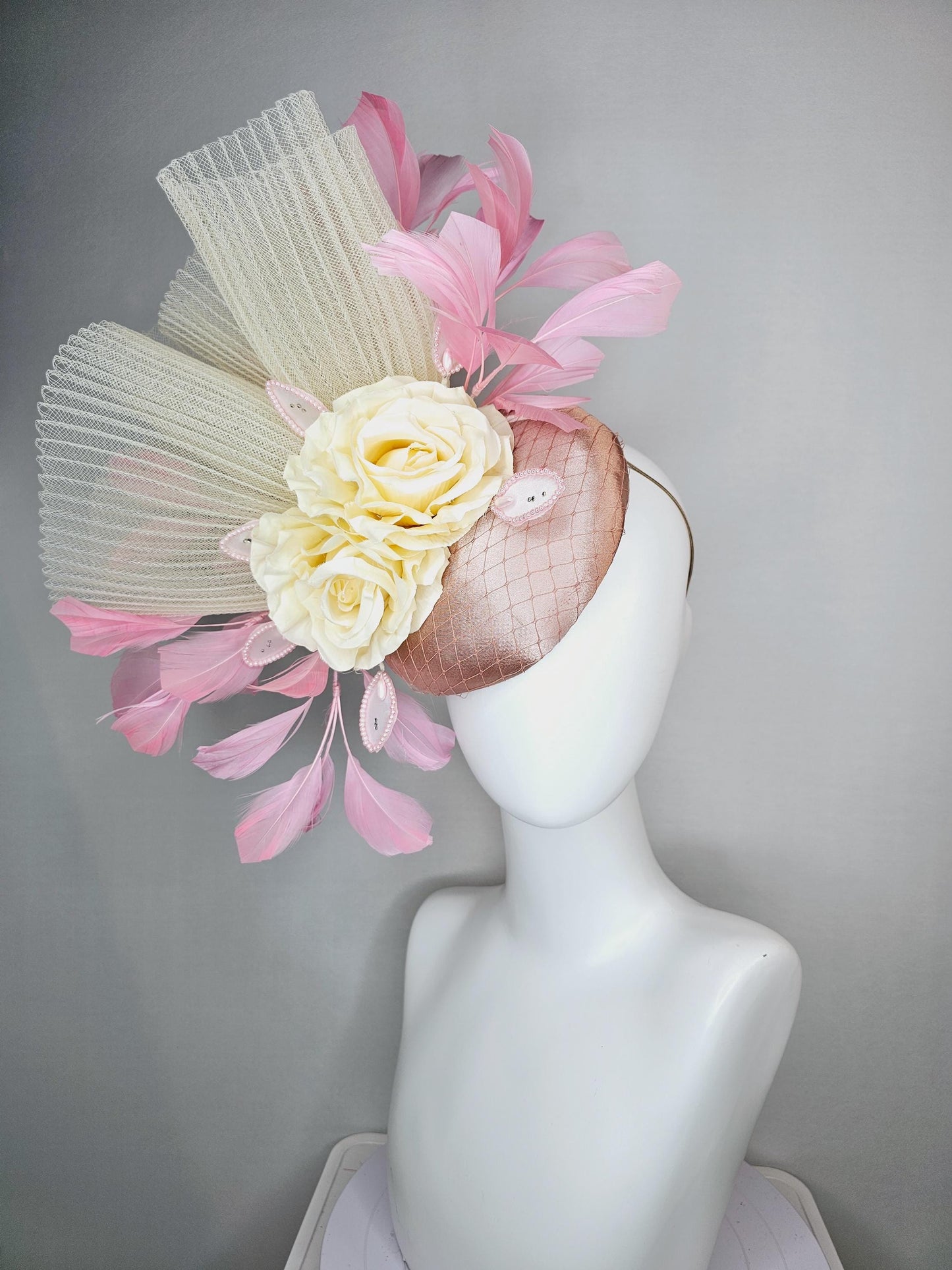 kentucky derby hat fascinator champagne pink satin with netting cream beige satin roses beige pleated crinoline and light baby pink feathers