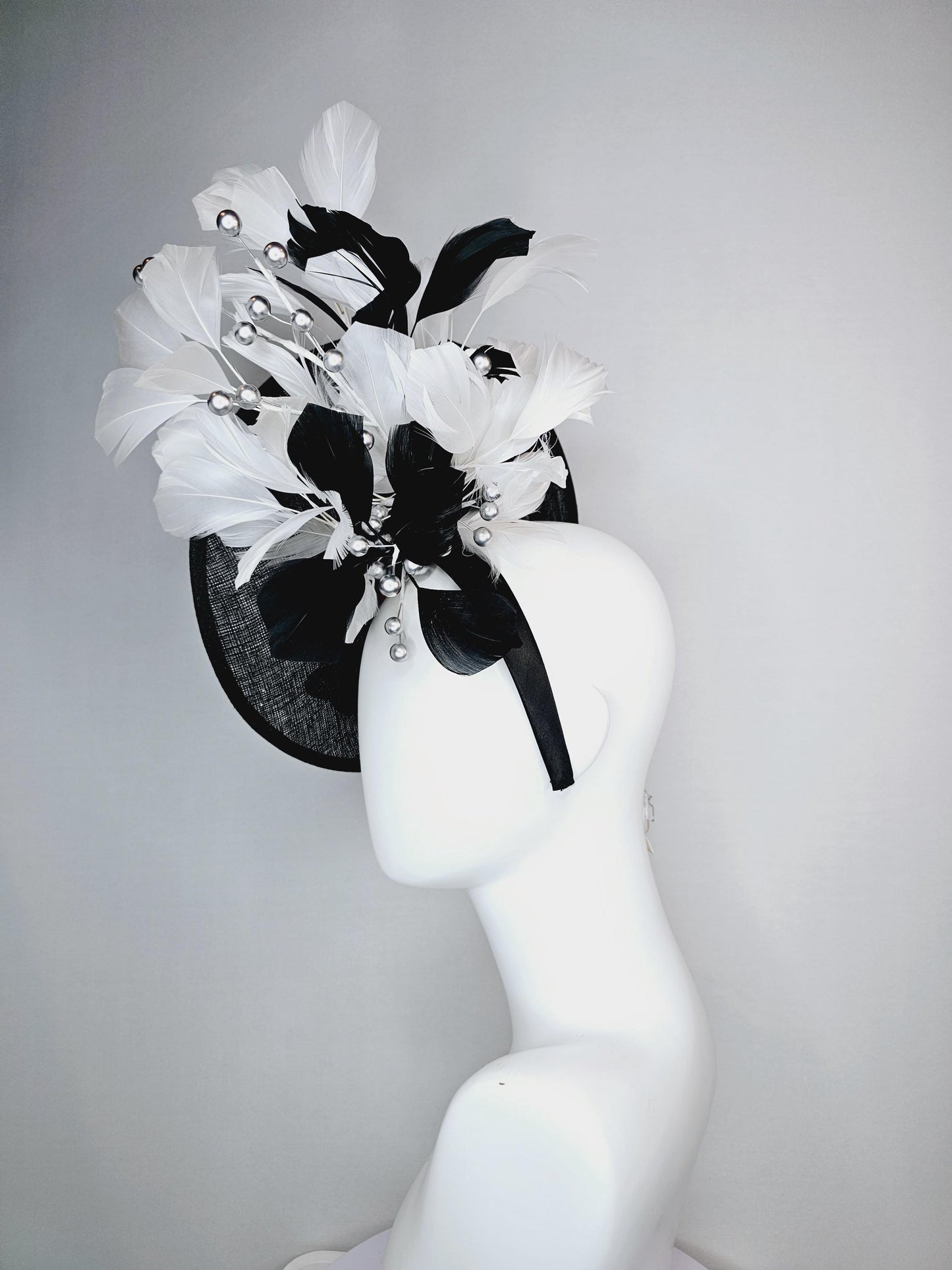 kentucky derby hat fascinator black sinamay sauce with black gold silver red blue green crystals and sequins beaded and black white feathers